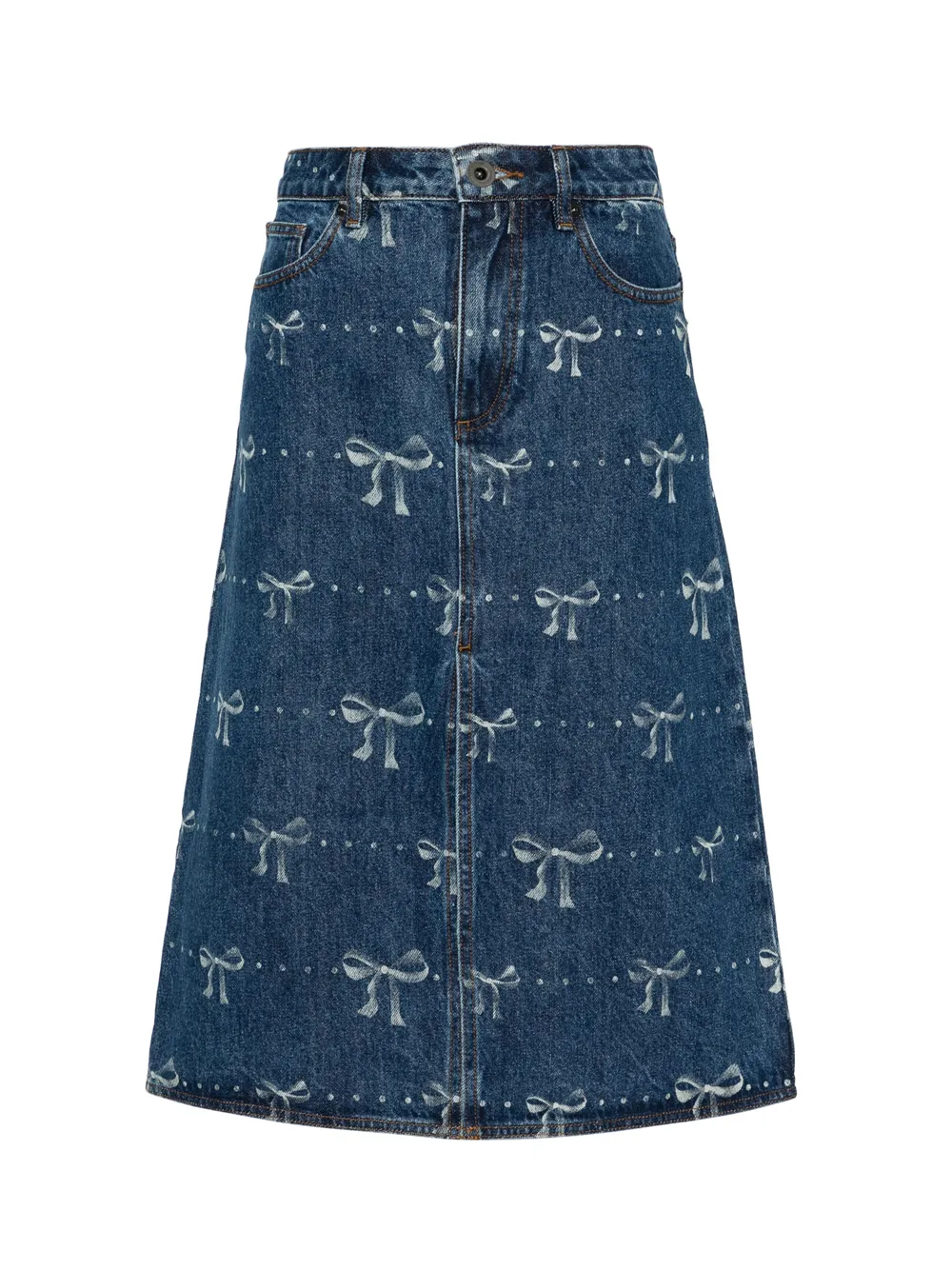 Bow Print Denim Midi Skirt