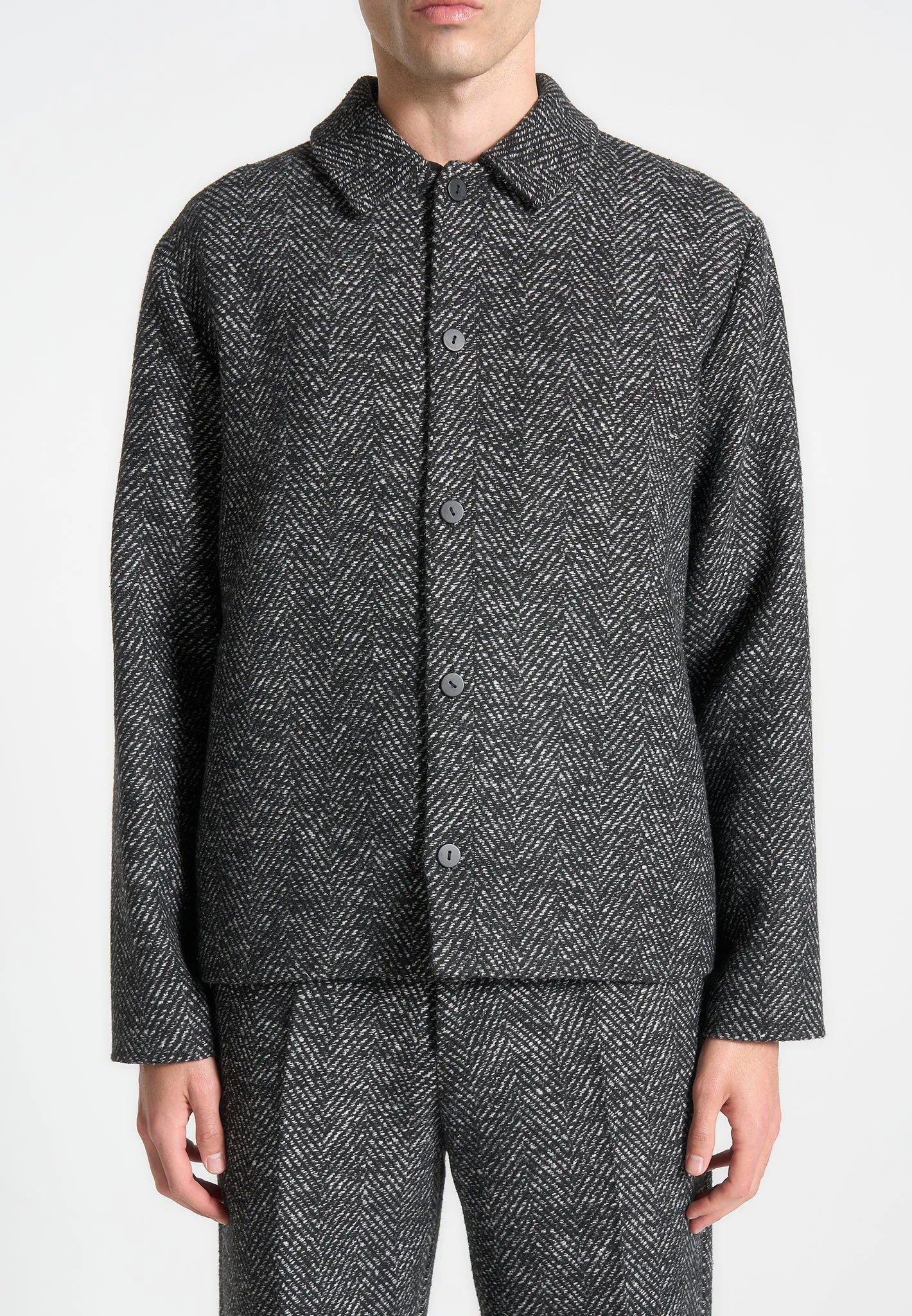 Brushed Herringbone Shacket - Black