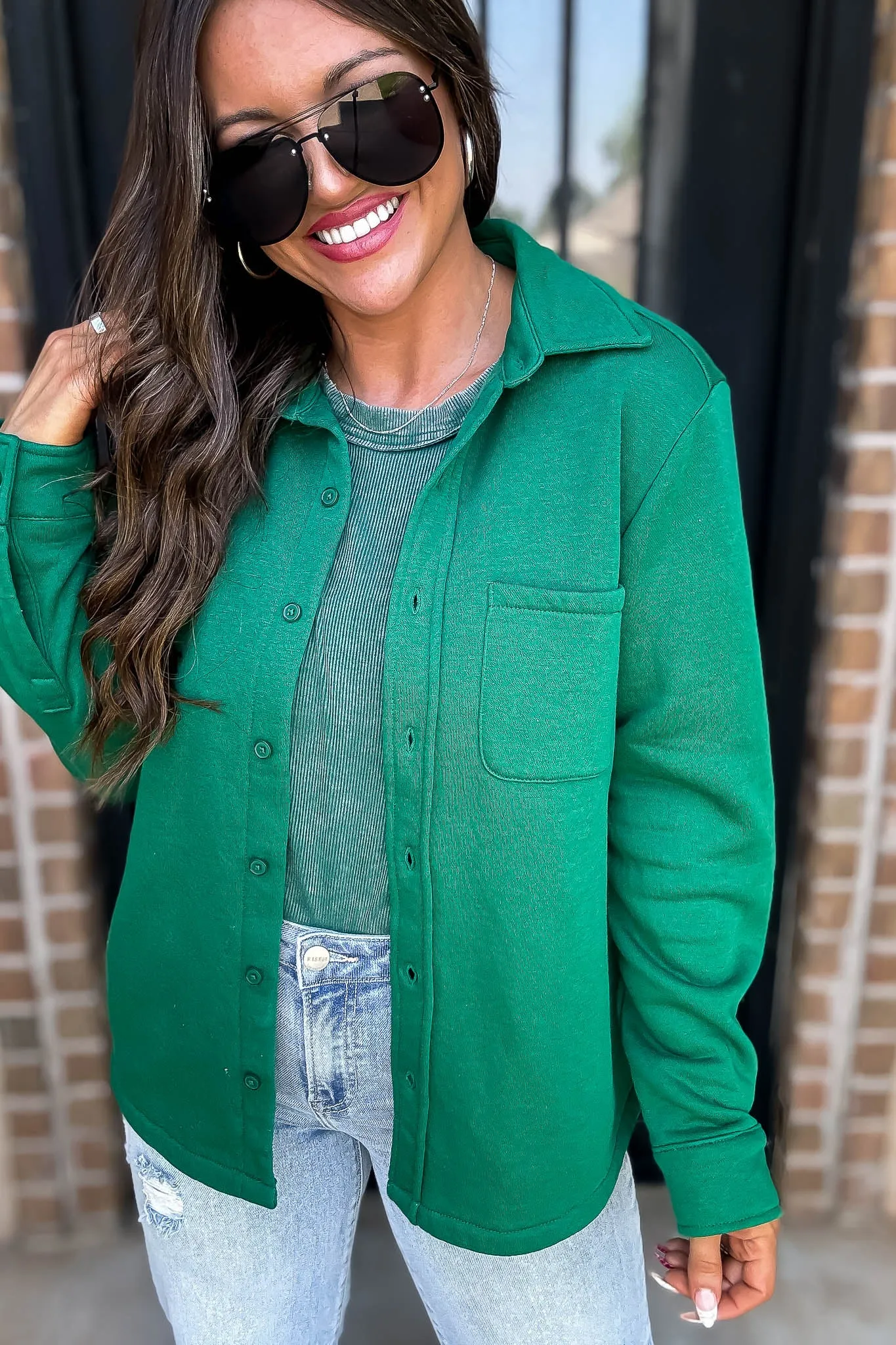 Button Up Green Fleece Shirt Jacket