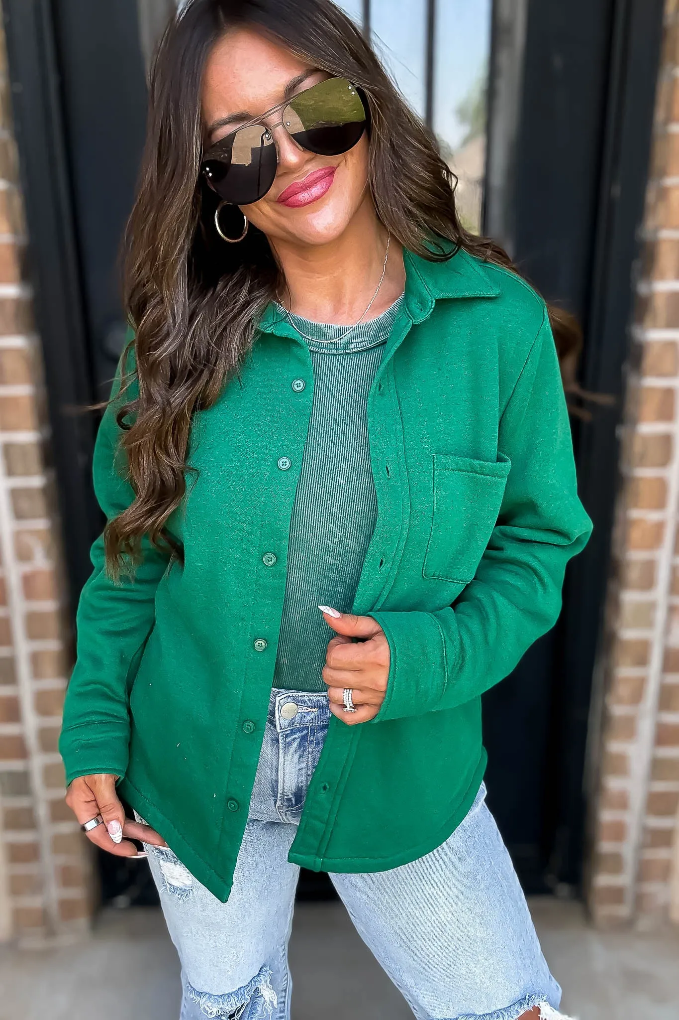 Button Up Green Fleece Shirt Jacket