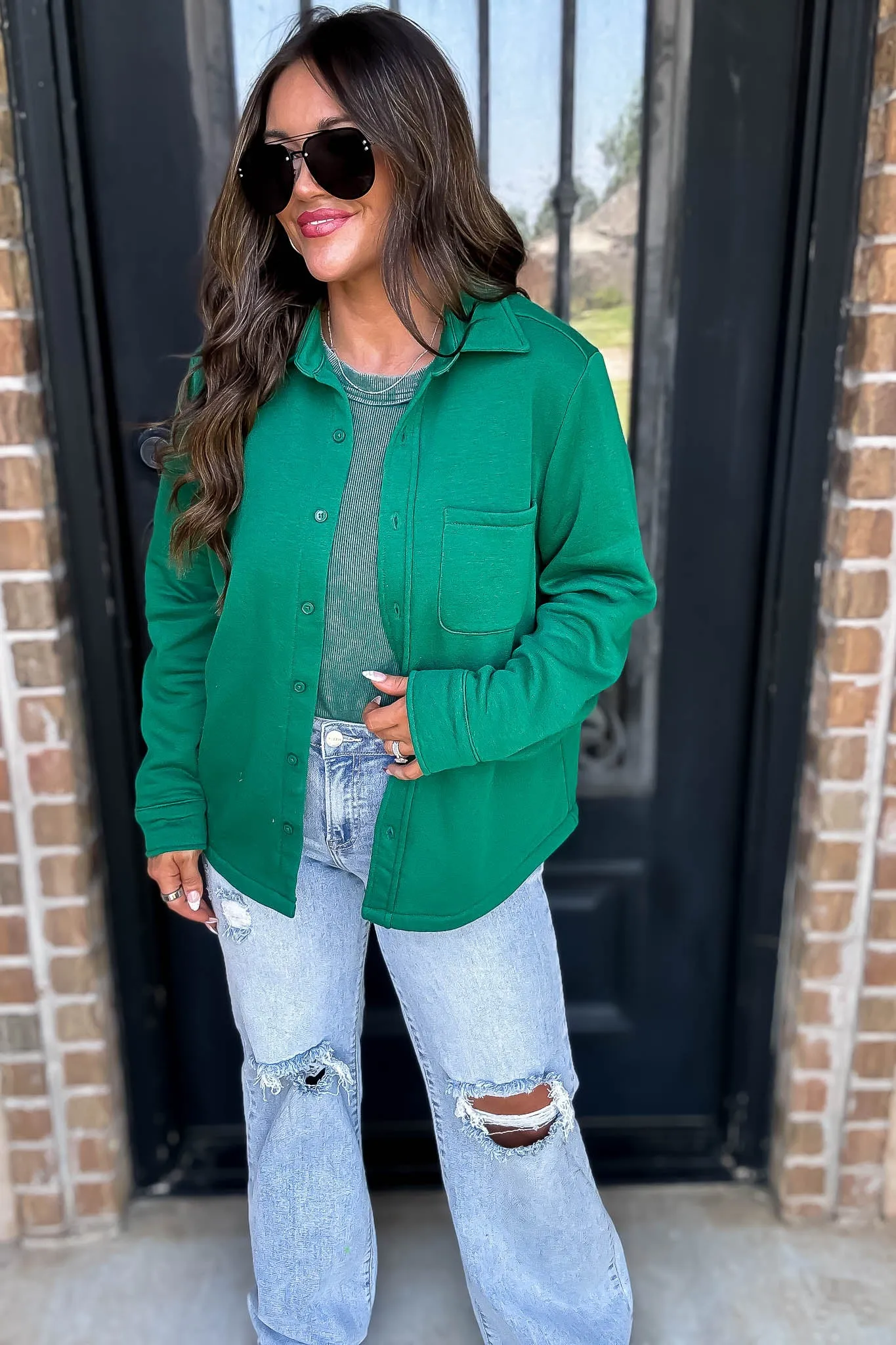 Button Up Green Fleece Shirt Jacket