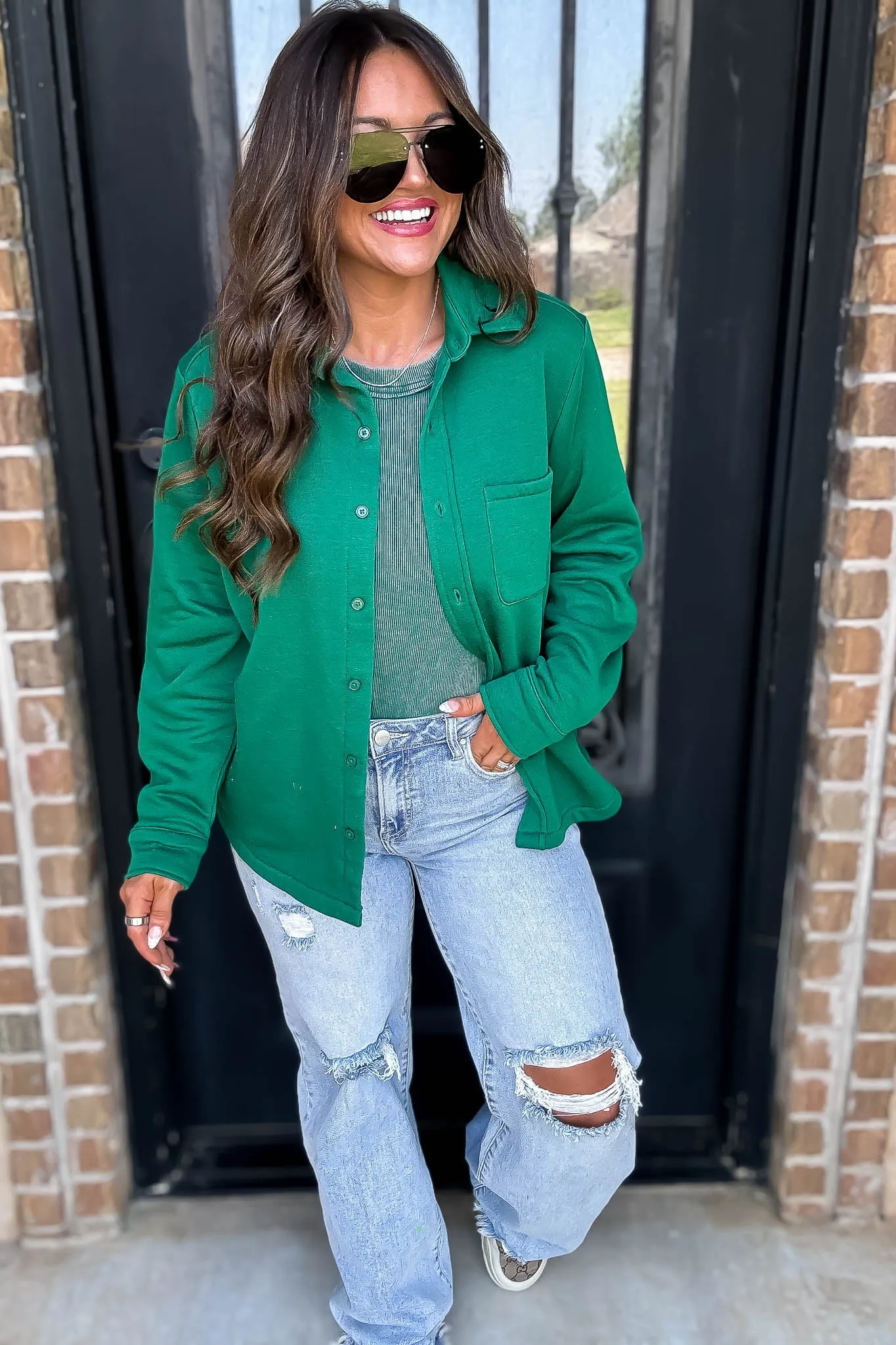 Button Up Green Fleece Shirt Jacket