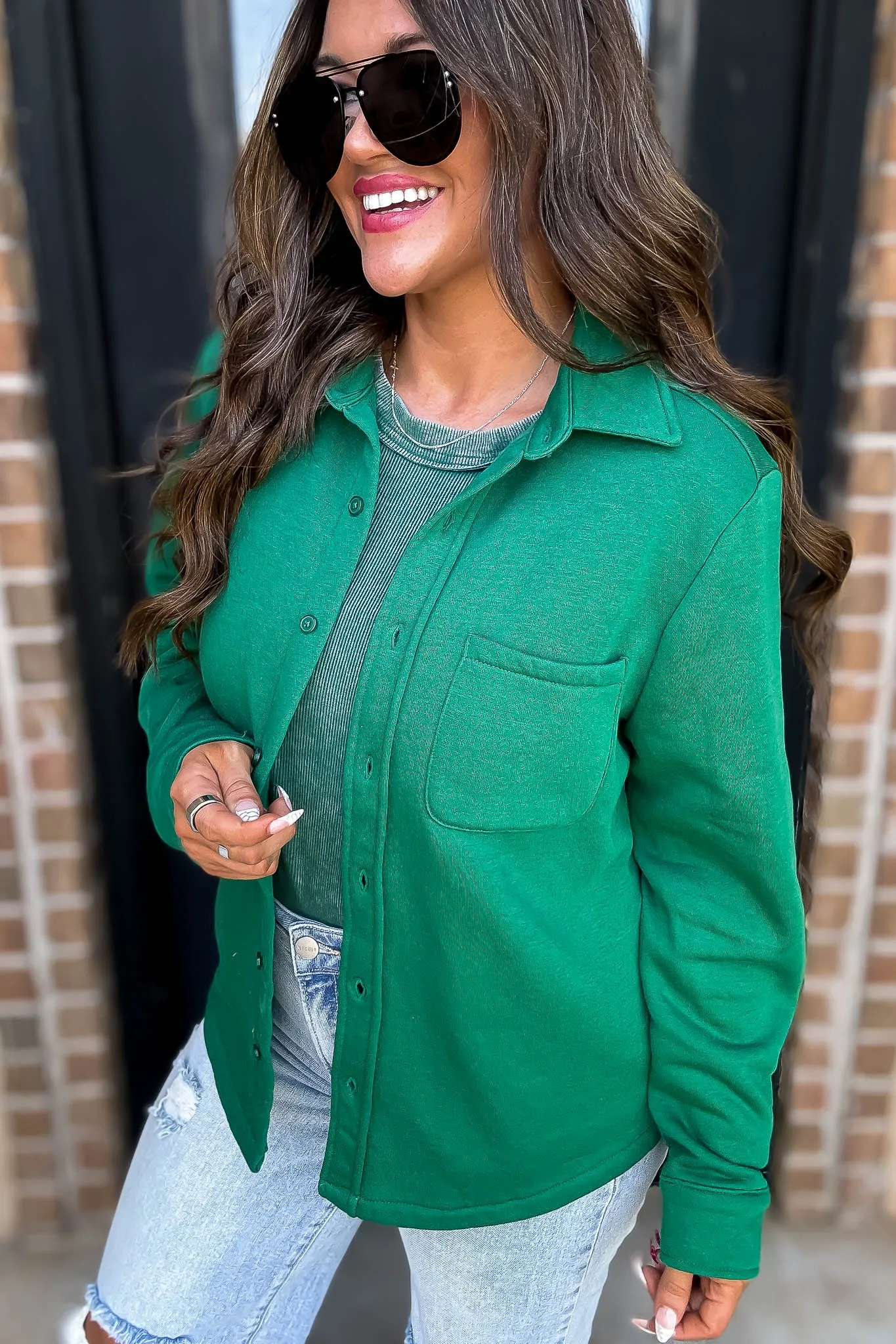 Button Up Green Fleece Shirt Jacket