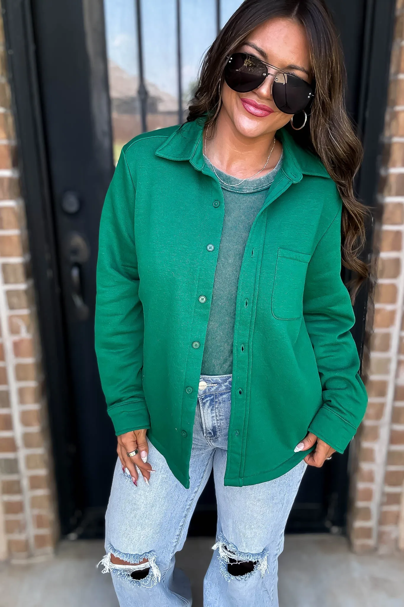 Button Up Green Fleece Shirt Jacket