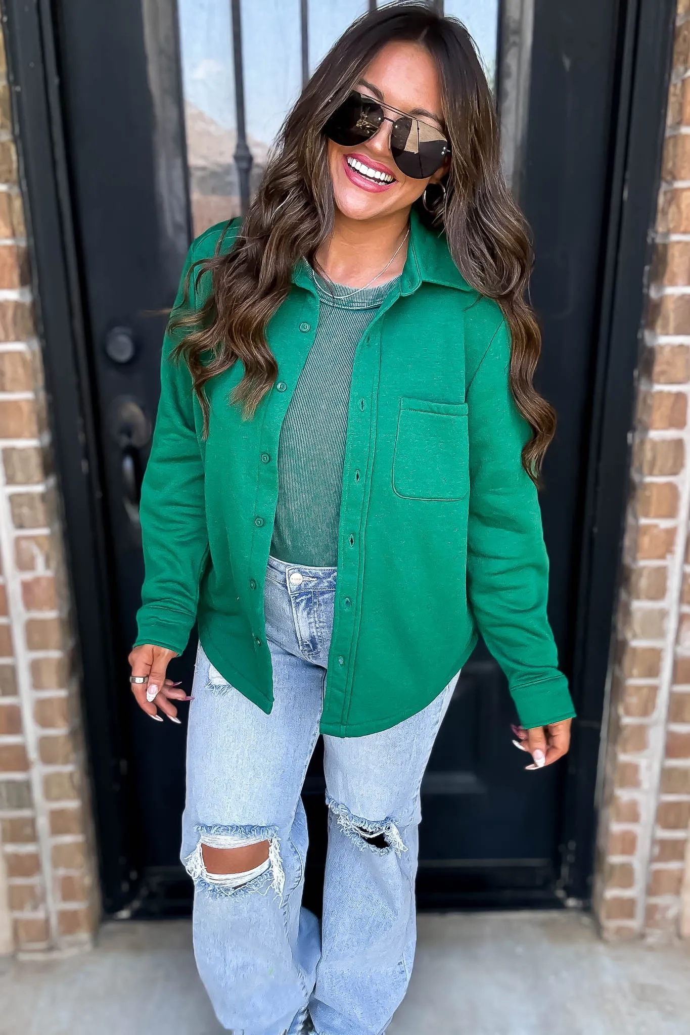 Button Up Green Fleece Shirt Jacket