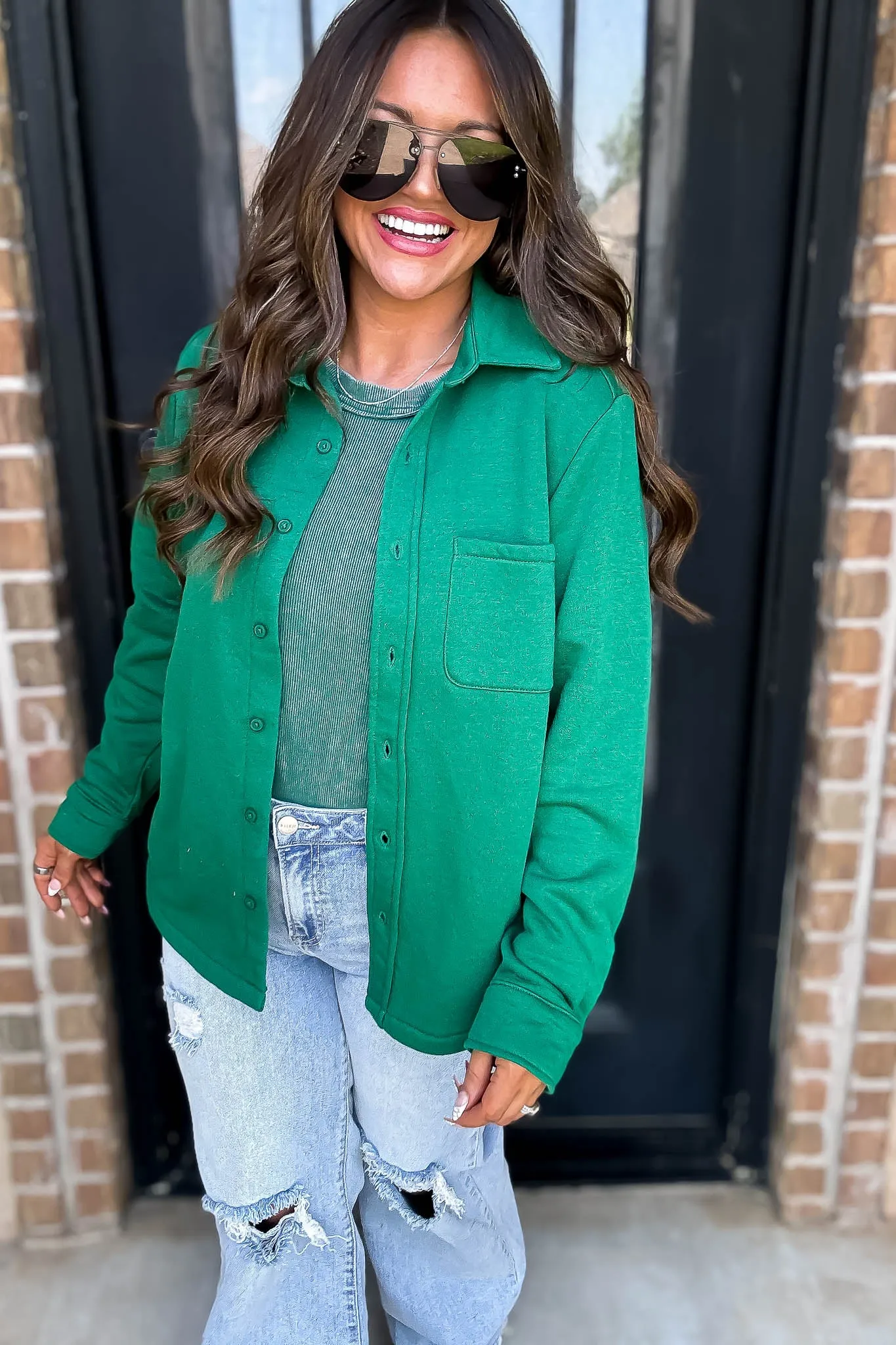 Button Up Green Fleece Shirt Jacket