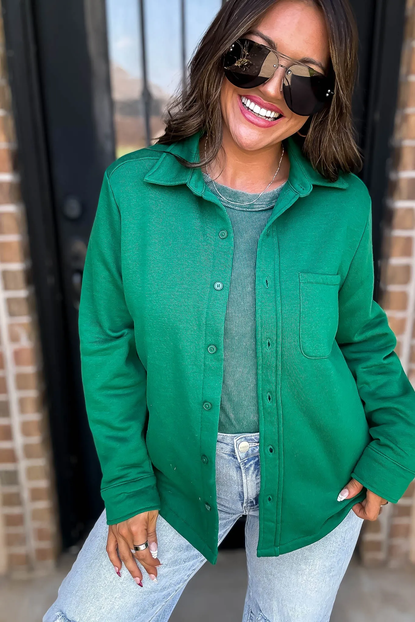 Button Up Green Fleece Shirt Jacket