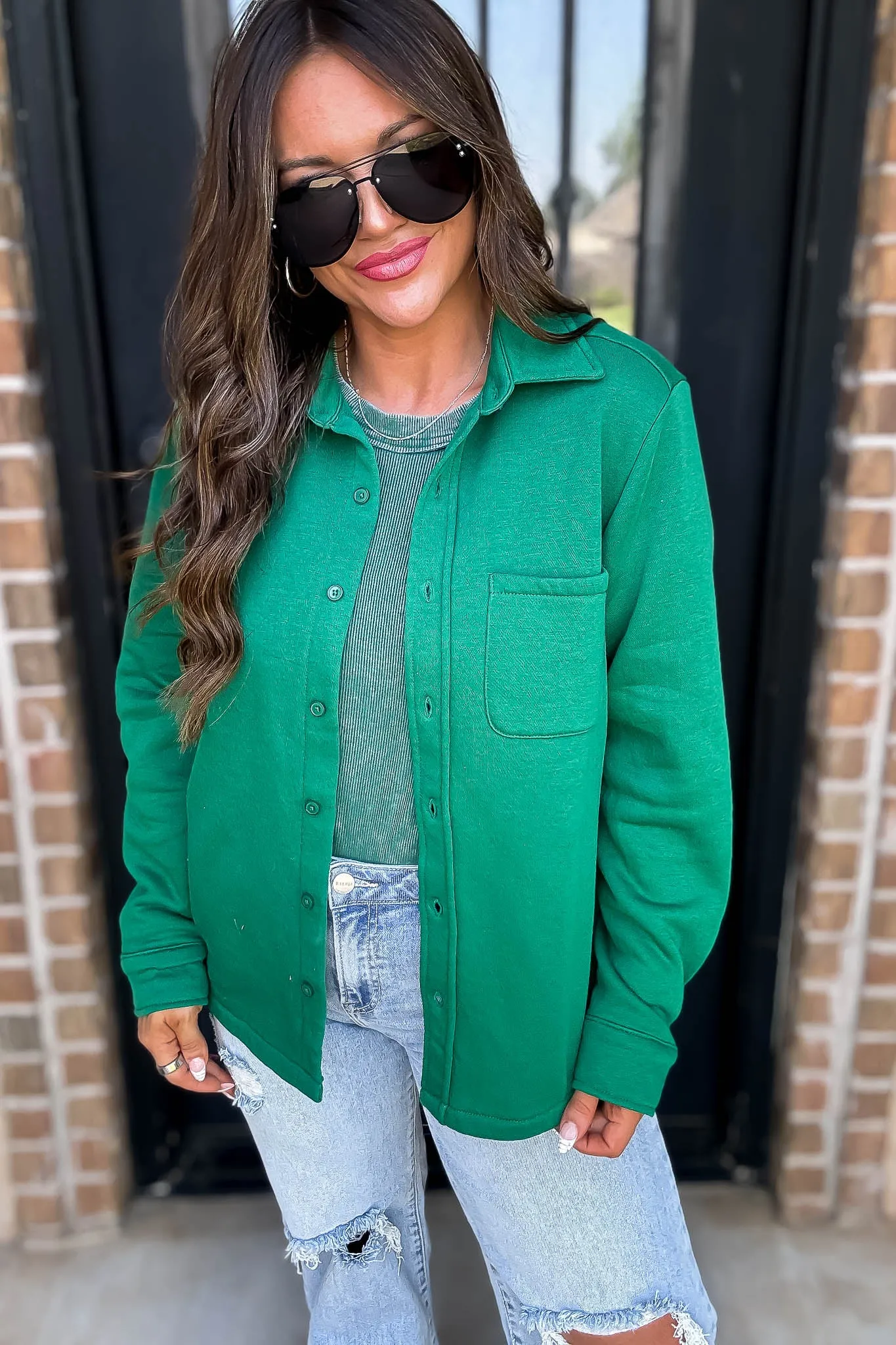 Button Up Green Fleece Shirt Jacket