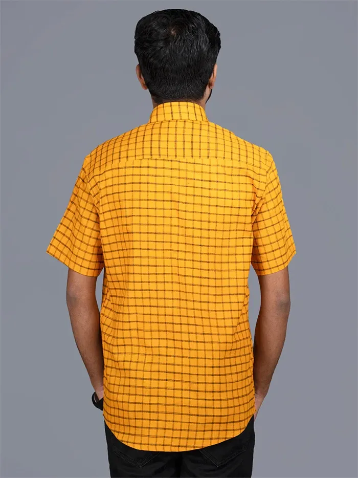 Cadmium Orange Handwoven Organic Cotton Checks Fitted Men Shirt