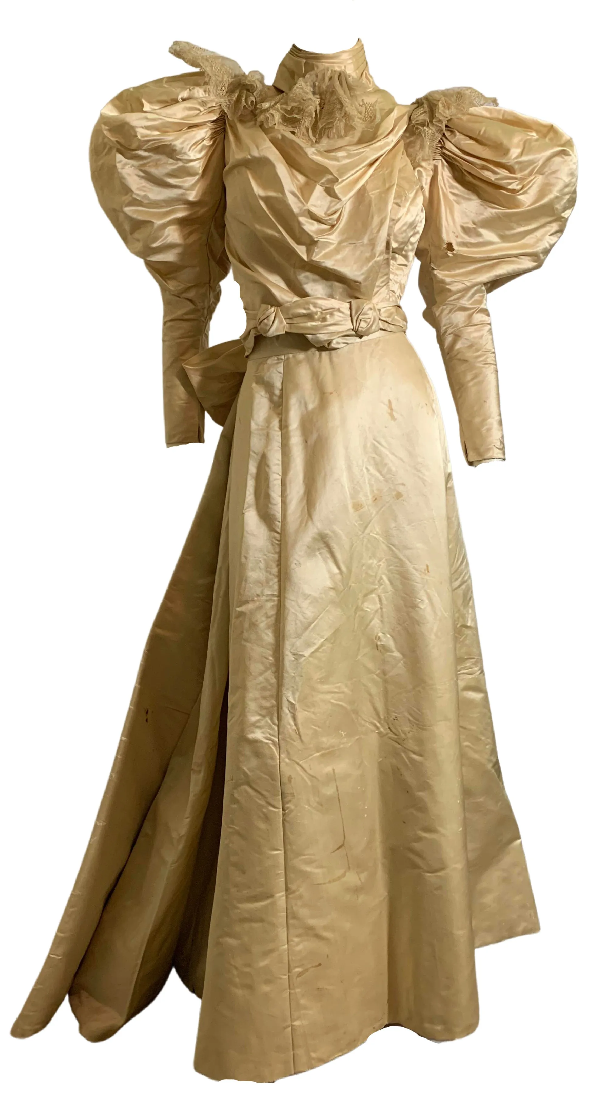 Candlelight Silk and Lace Bridal Ensemble with Leg of Mutton Sleeves and Bible circa 1895