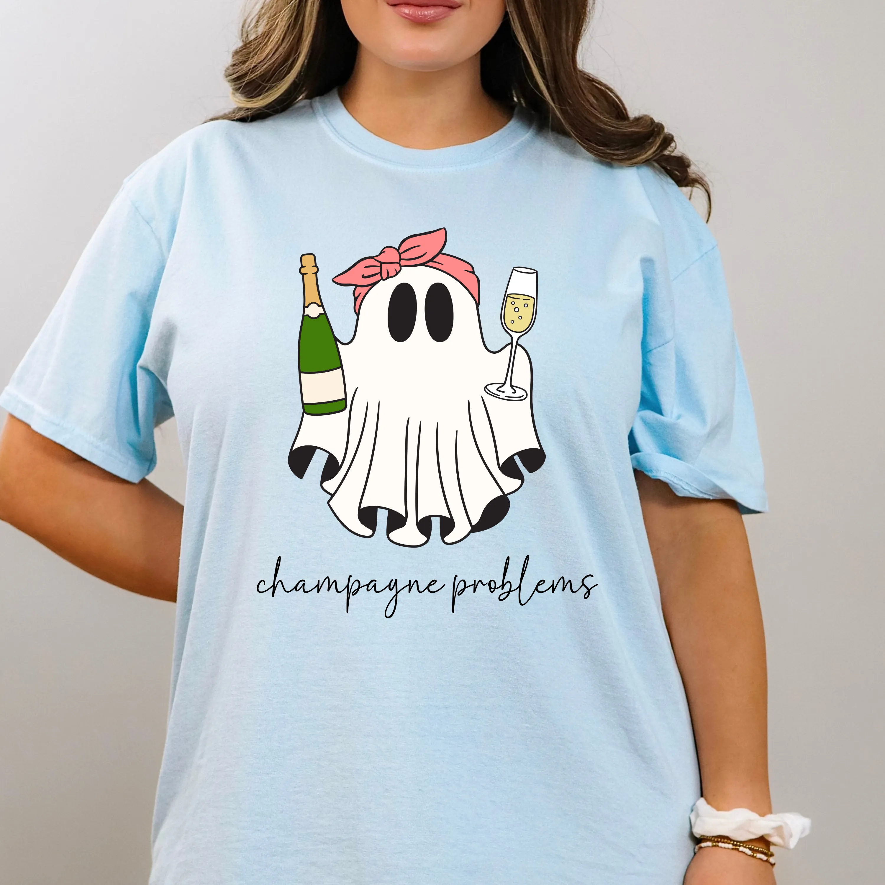 Champagne Problems Ghost Halloween Shirt for Women