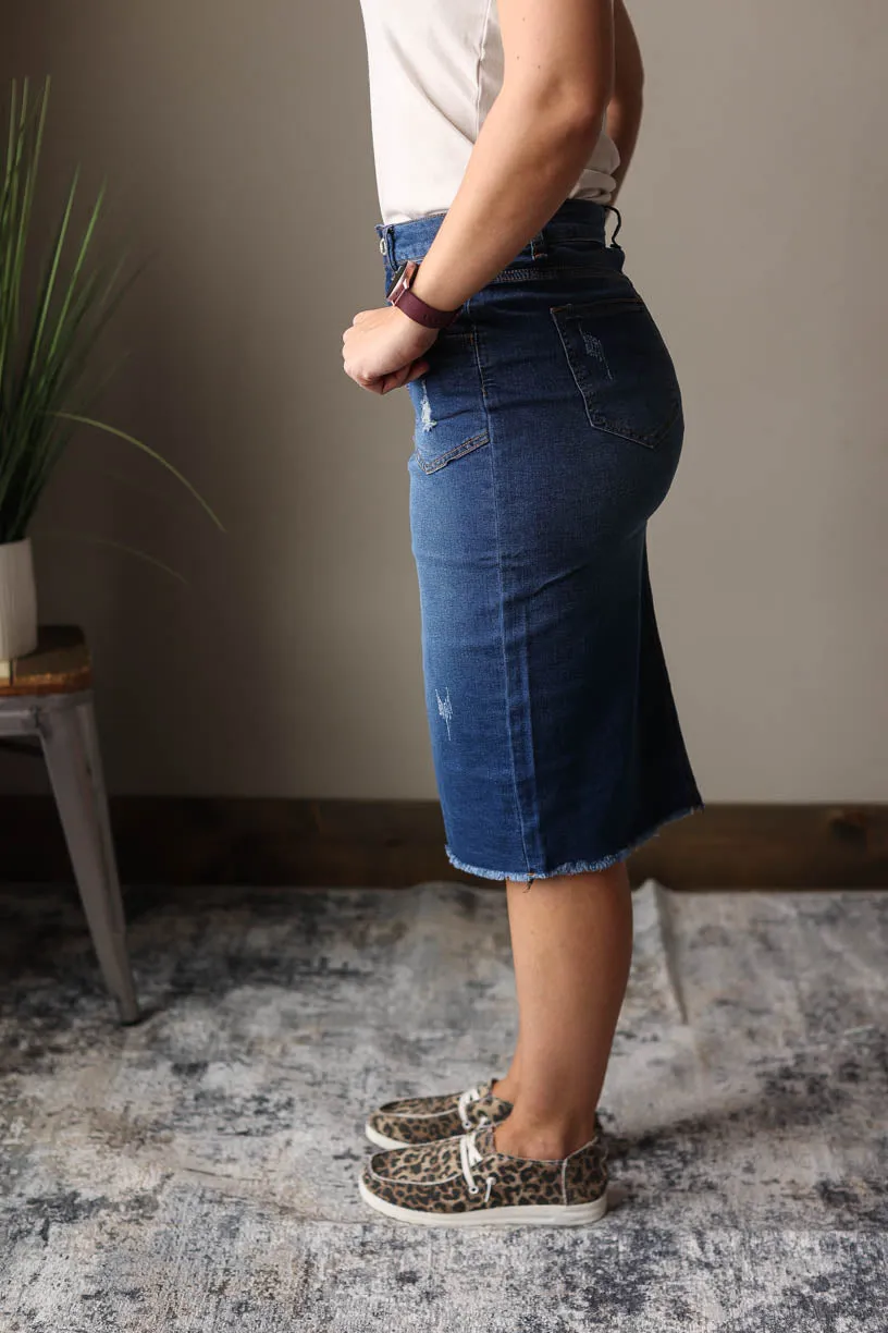 Chelsea Distressed Dark Wash Midi Denim Skirt