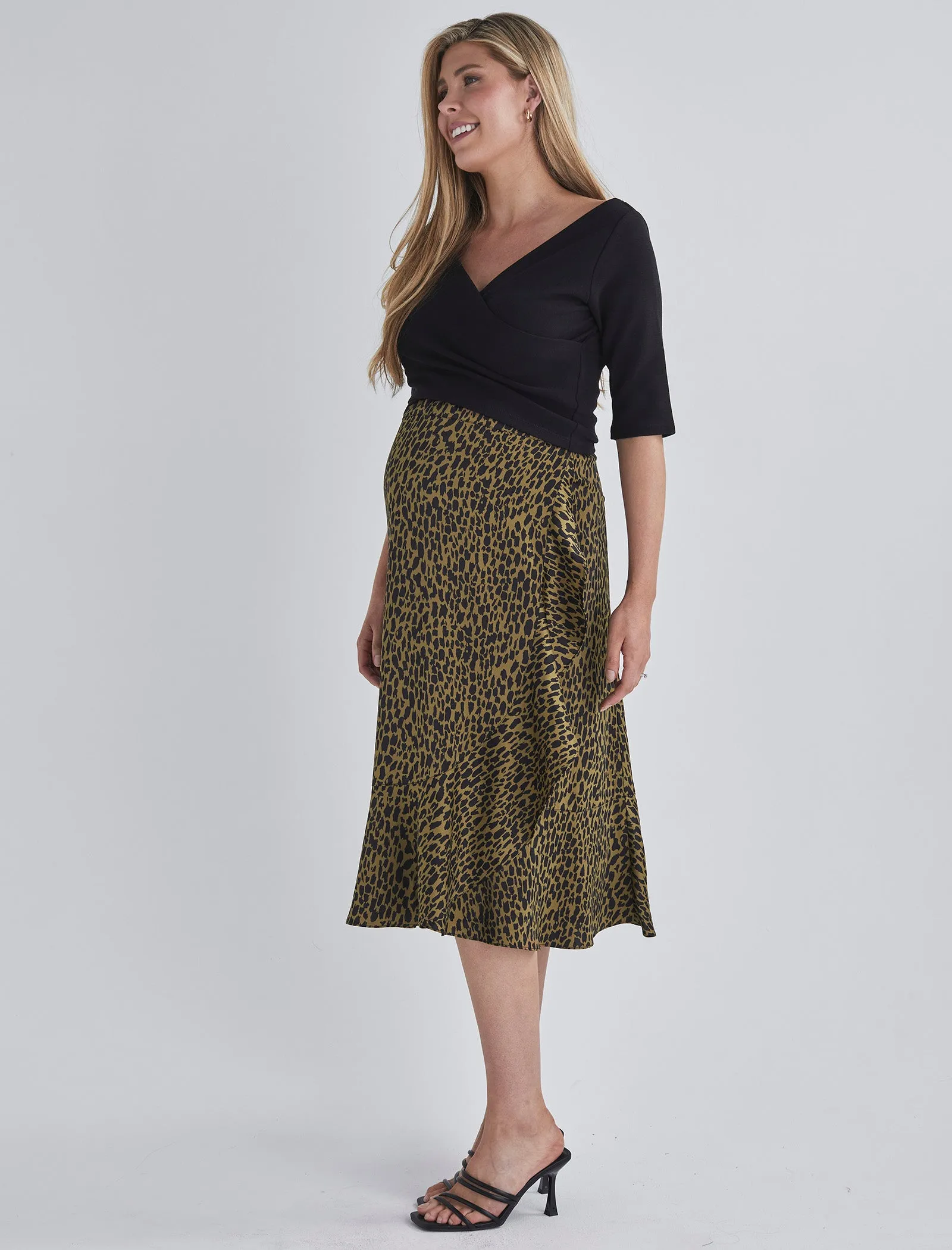 Christie Maternity Wrap Midi Skirt in Khaki Leopard Print