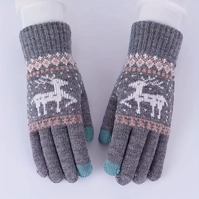 Christmas Reindeer Jacquard Knit Gloves Unisex Thick Warm Touchscreen Gloves Autumn Winter Casual Outdoor Coldproof Riding Gloves