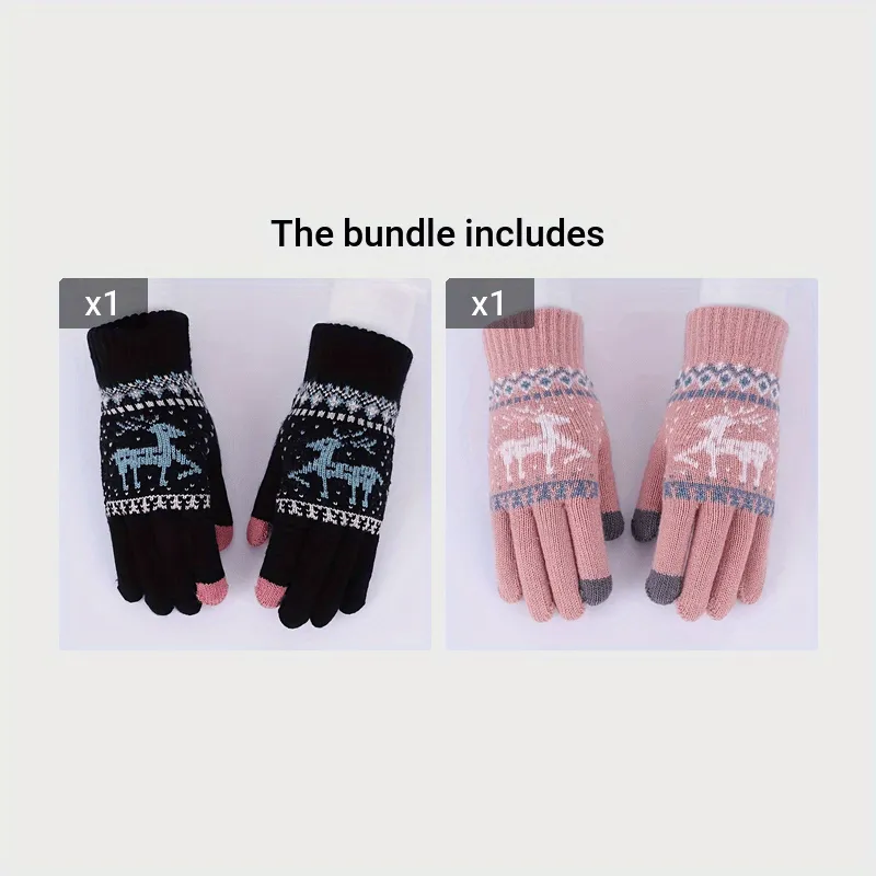 Christmas Reindeer Jacquard Knit Gloves Unisex Thick Warm Touchscreen Gloves Autumn Winter Casual Outdoor Coldproof Riding Gloves