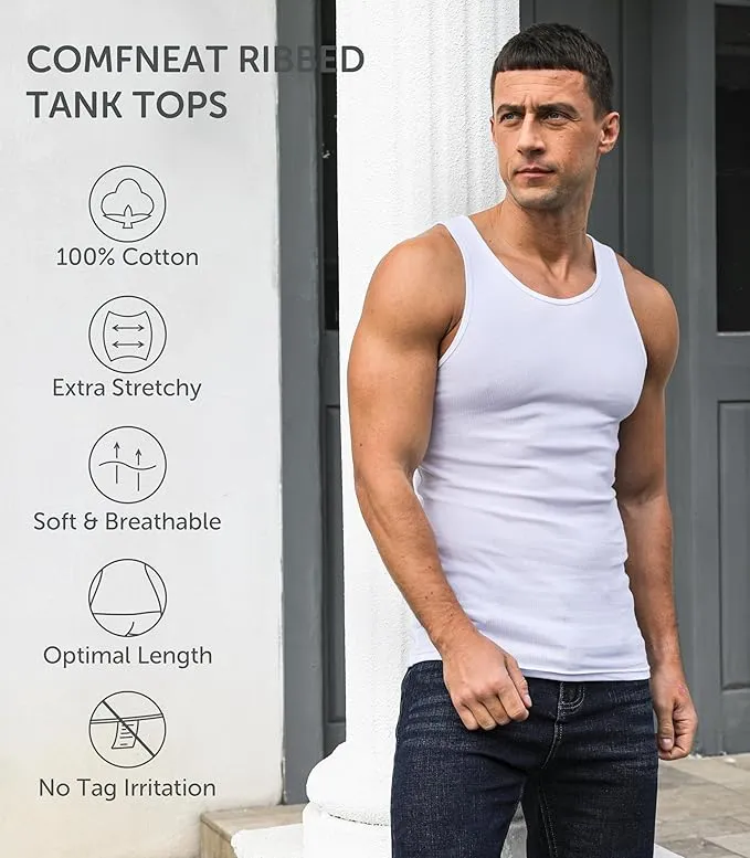 Comfneat Men's 6-Pack Ribbed Tank Tops Cotton Comfy Fit Undershirts