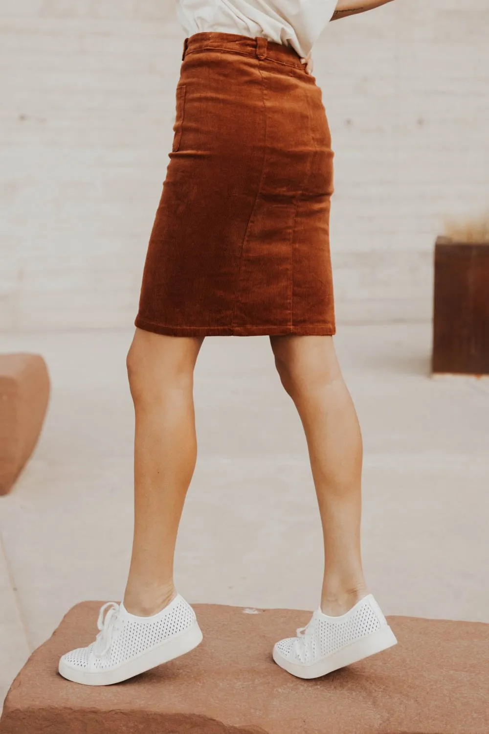 Corduroy Button Down Skirt in Rust