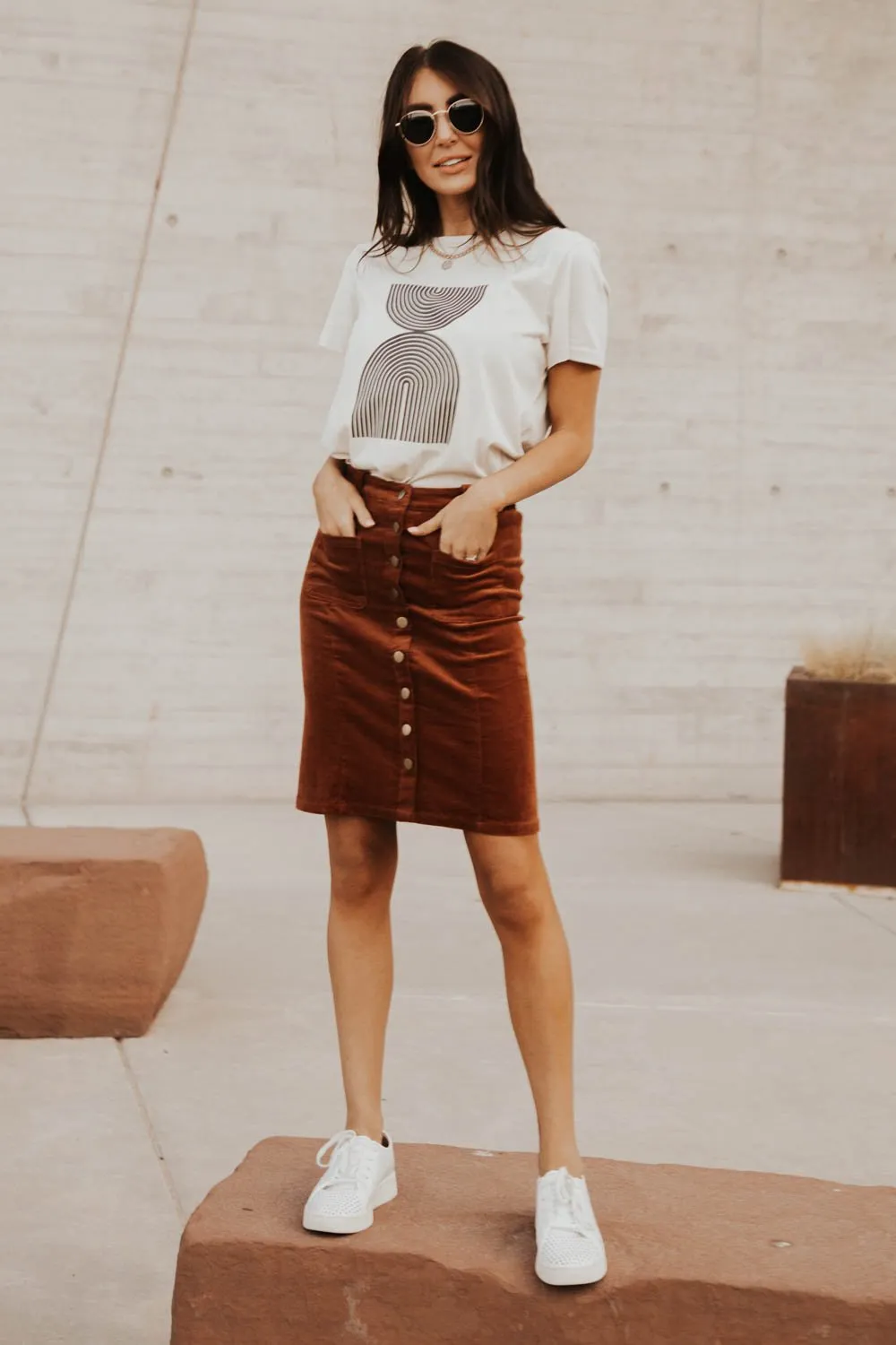 Corduroy Button Down Skirt in Rust