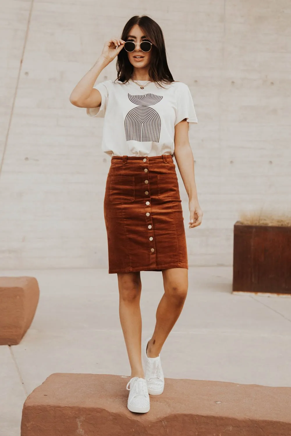 Corduroy Button Down Skirt in Rust