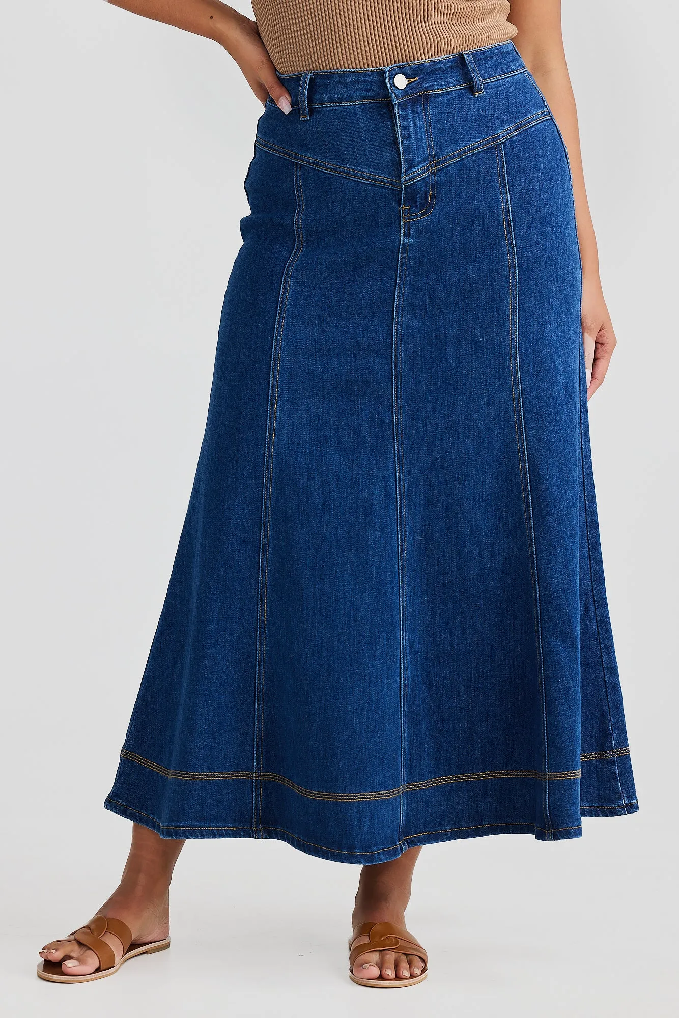 Core Denim Panelled Midi Skirt - Blue Denim