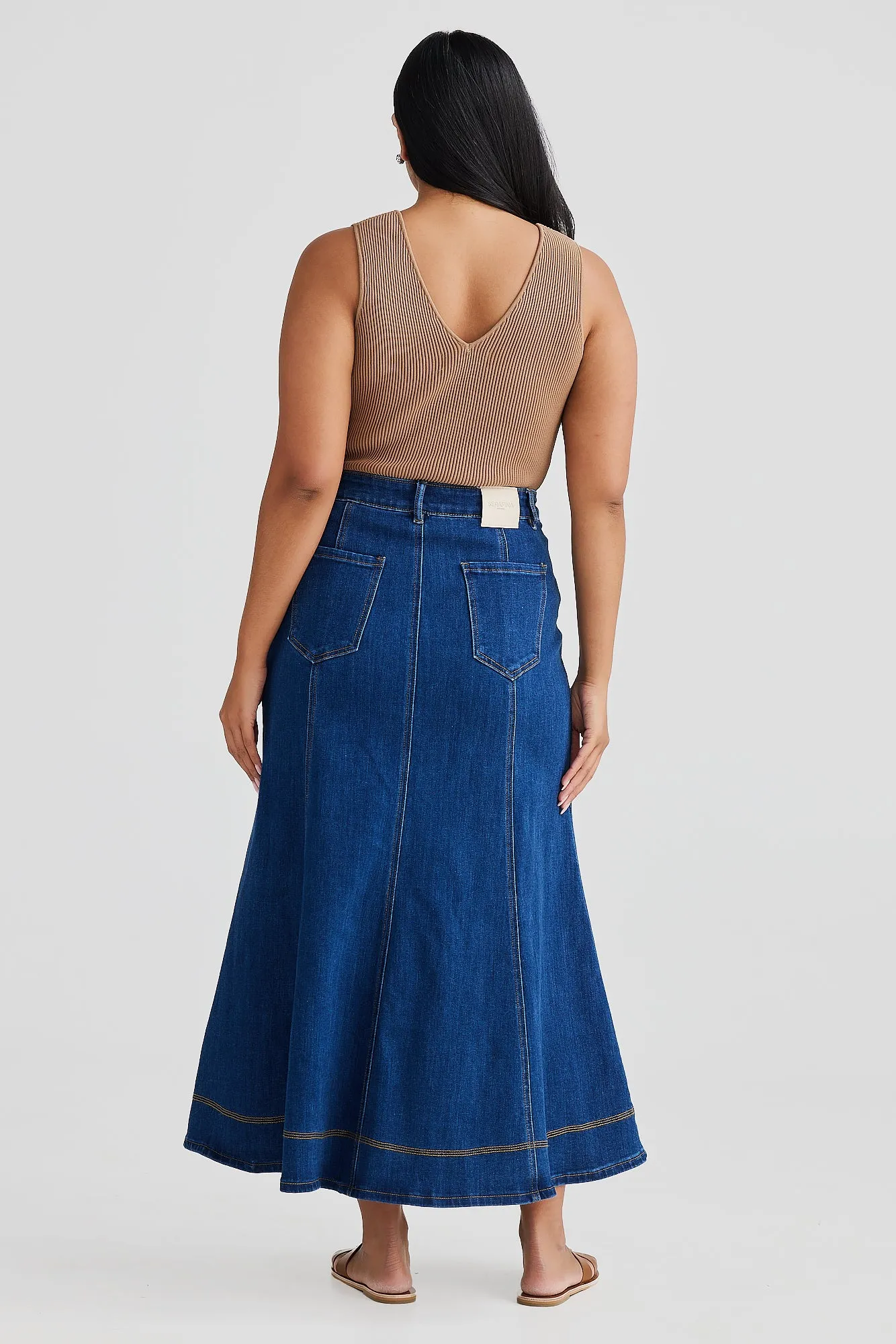 Core Denim Panelled Midi Skirt - Blue Denim