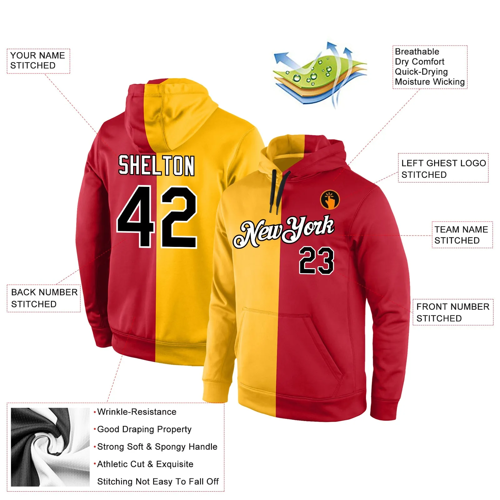 Custom Stitched Gold Black-Red Split Fashion Sports Pullover Sweatshirt Hoodie