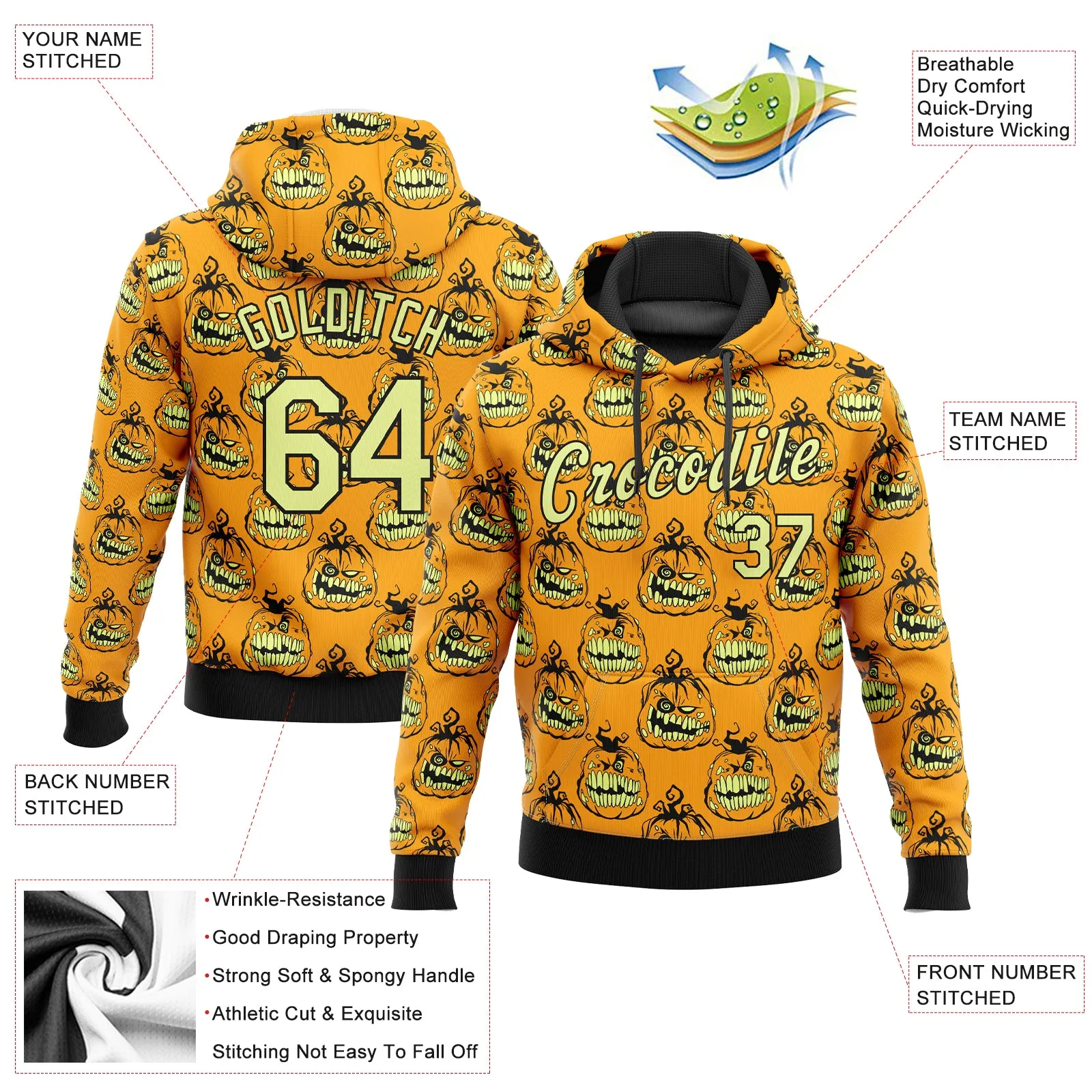 Custom Stitched Gold Gold-Black 3D Pattern Smiling Pumpkin Halloween Sports Pullover Sweatshirt Hoodie