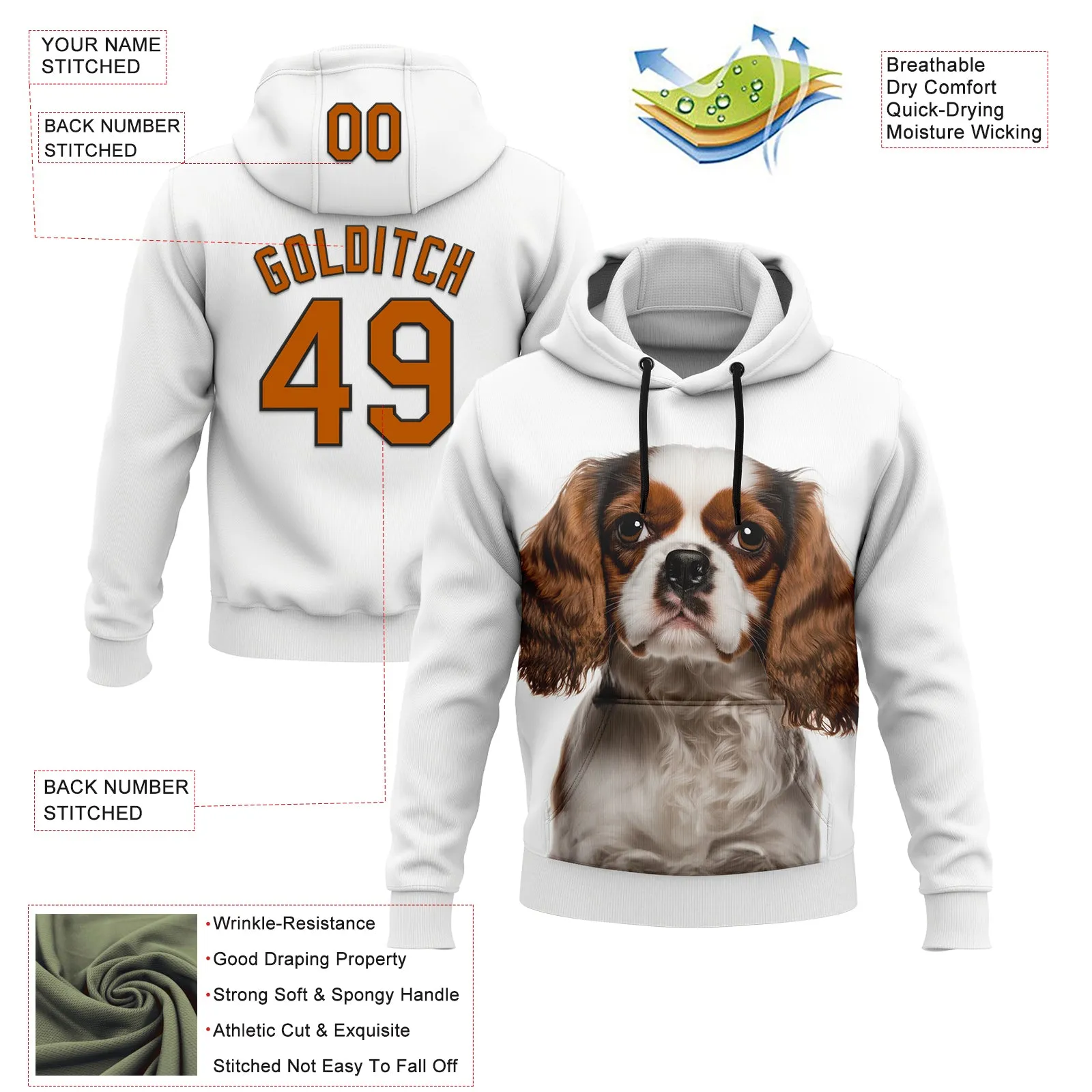 Custom Stitched White Texas Orange-Black 3D Pattern Design King Charles Dog Sports Pullover Sweatshirt Hoodie