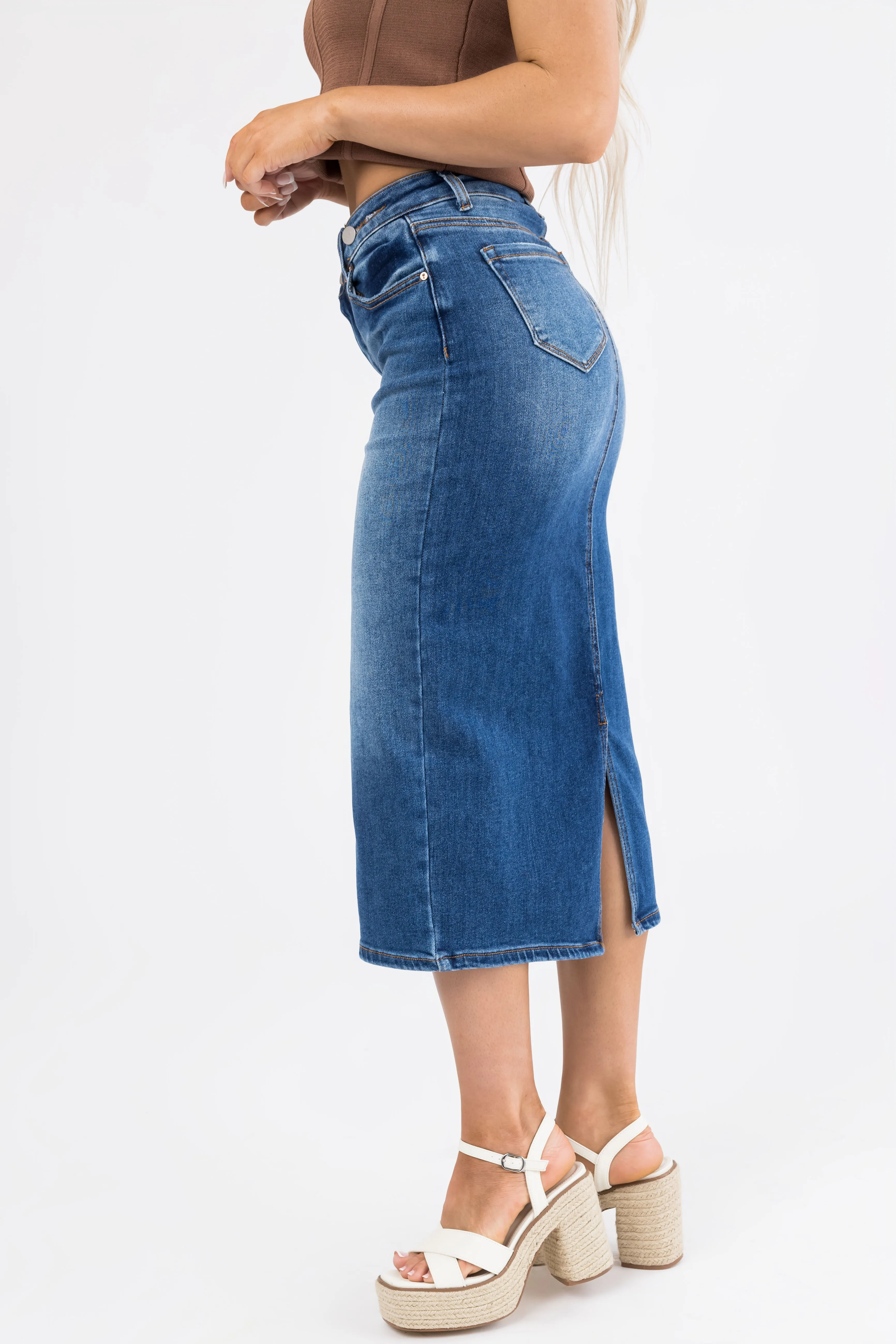 Dark Denim Slit Hem Crossover Midi Skirt