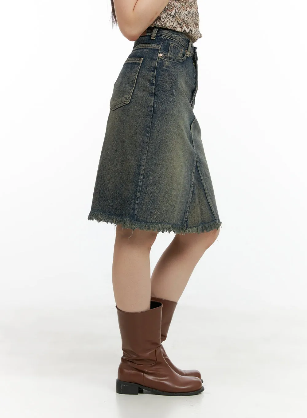 Destroyed Hem Denim Midi Skirt CL422