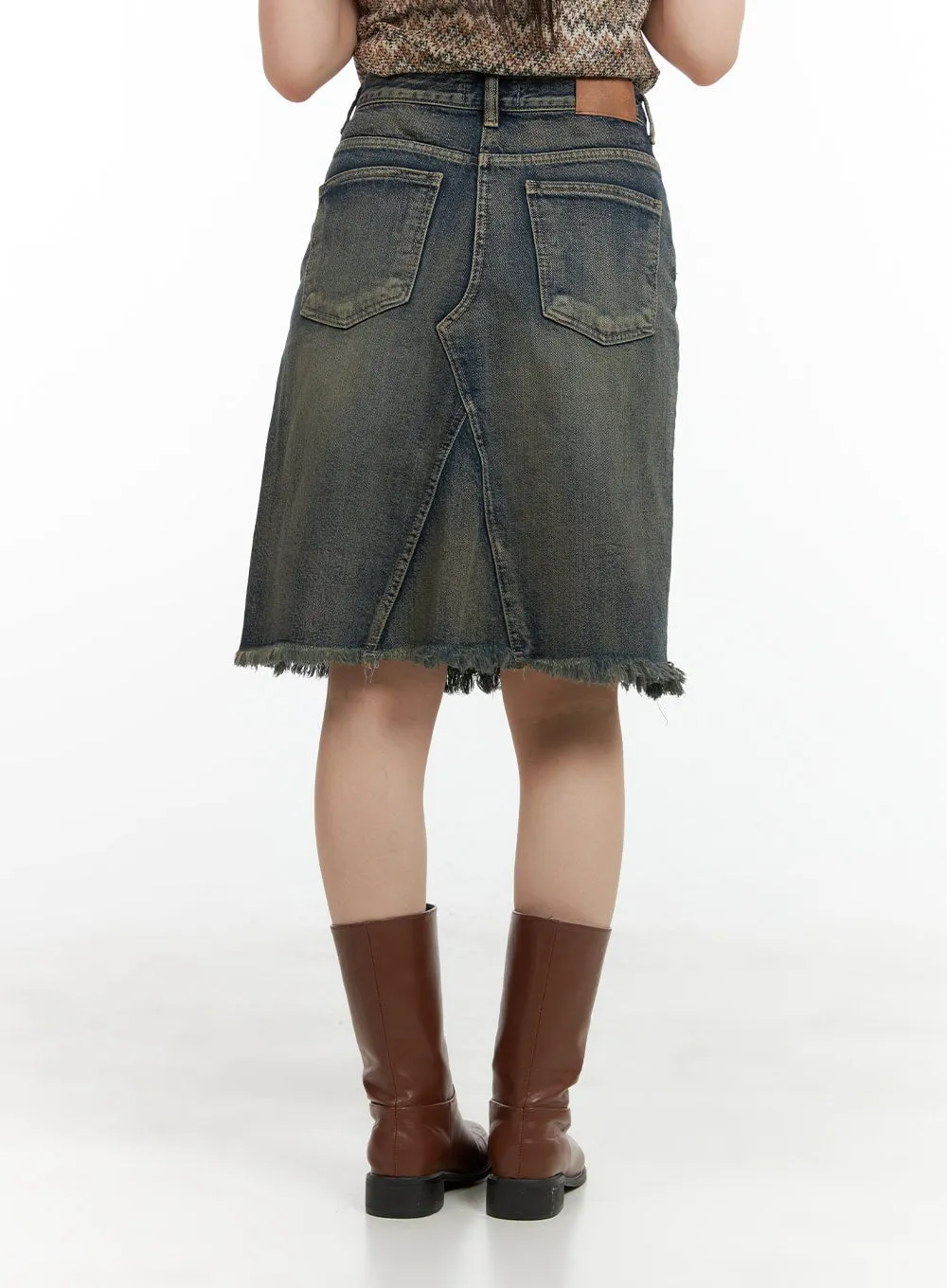 Destroyed Hem Denim Midi Skirt CL422