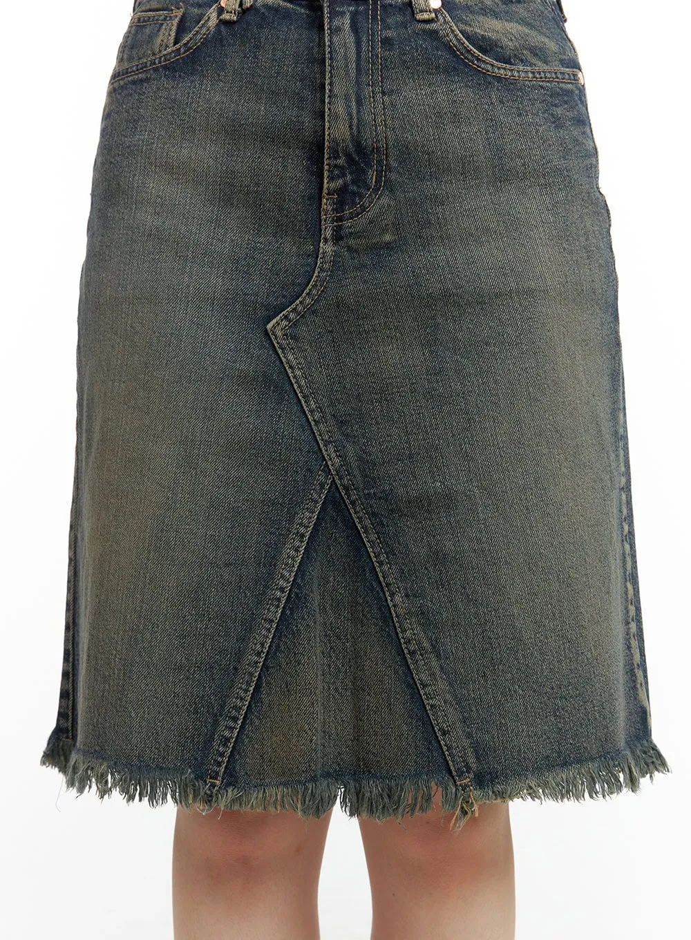 Destroyed Hem Denim Midi Skirt CL422