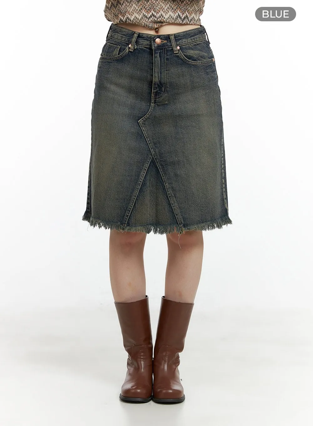 Destroyed Hem Denim Midi Skirt CL422