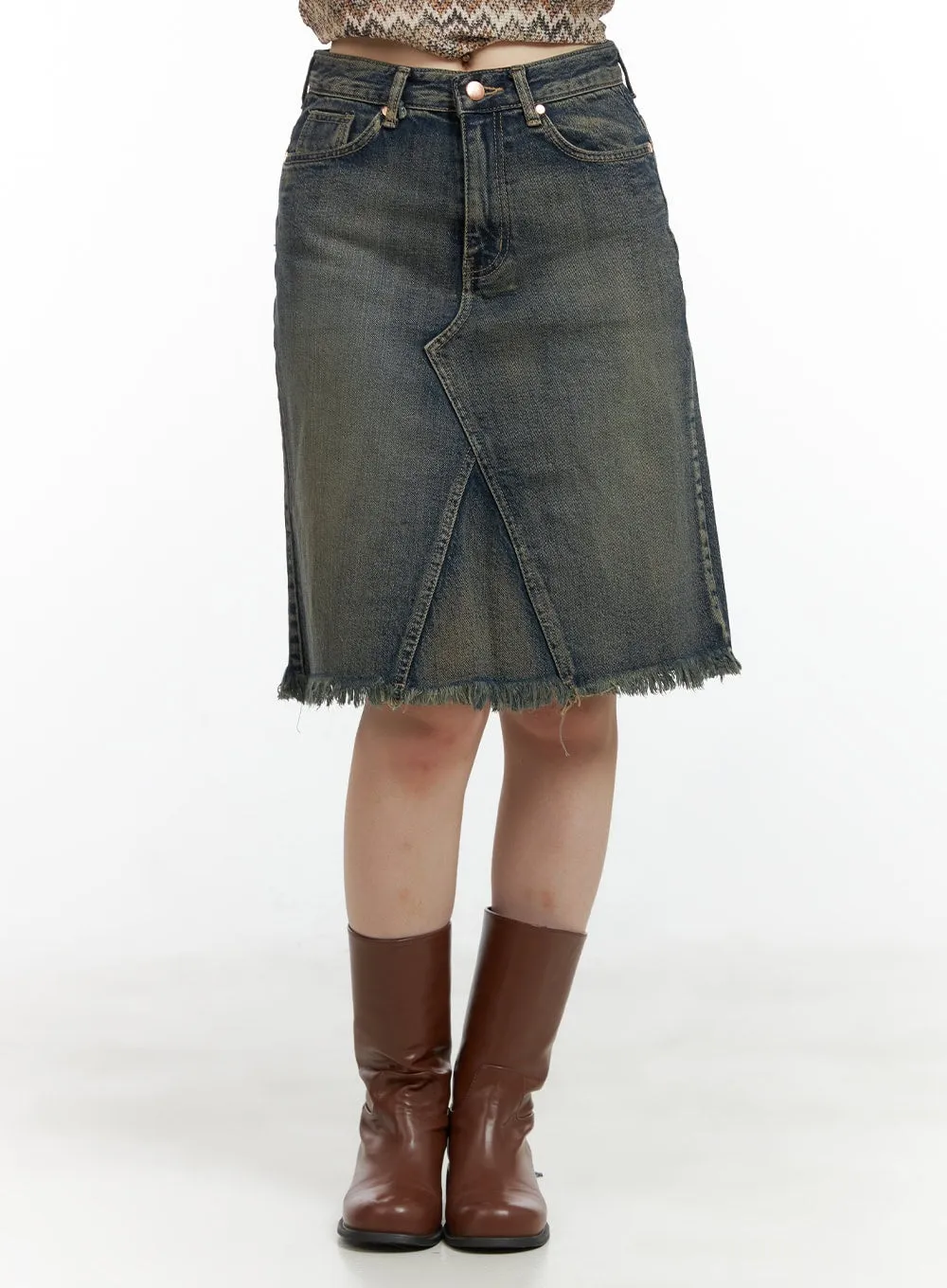 Destroyed Hem Denim Midi Skirt CL422