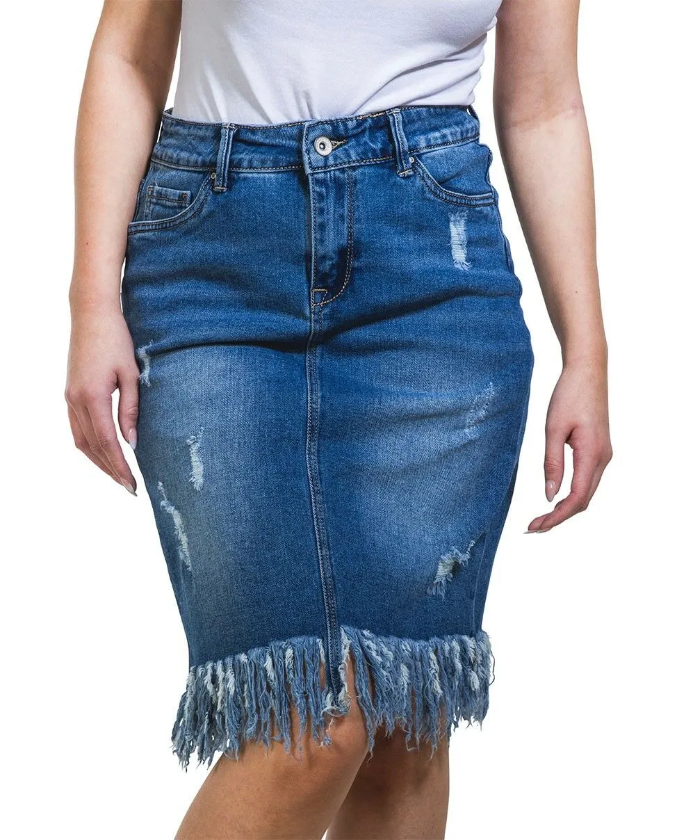 Distressed denim knee-length skirt - Size 8