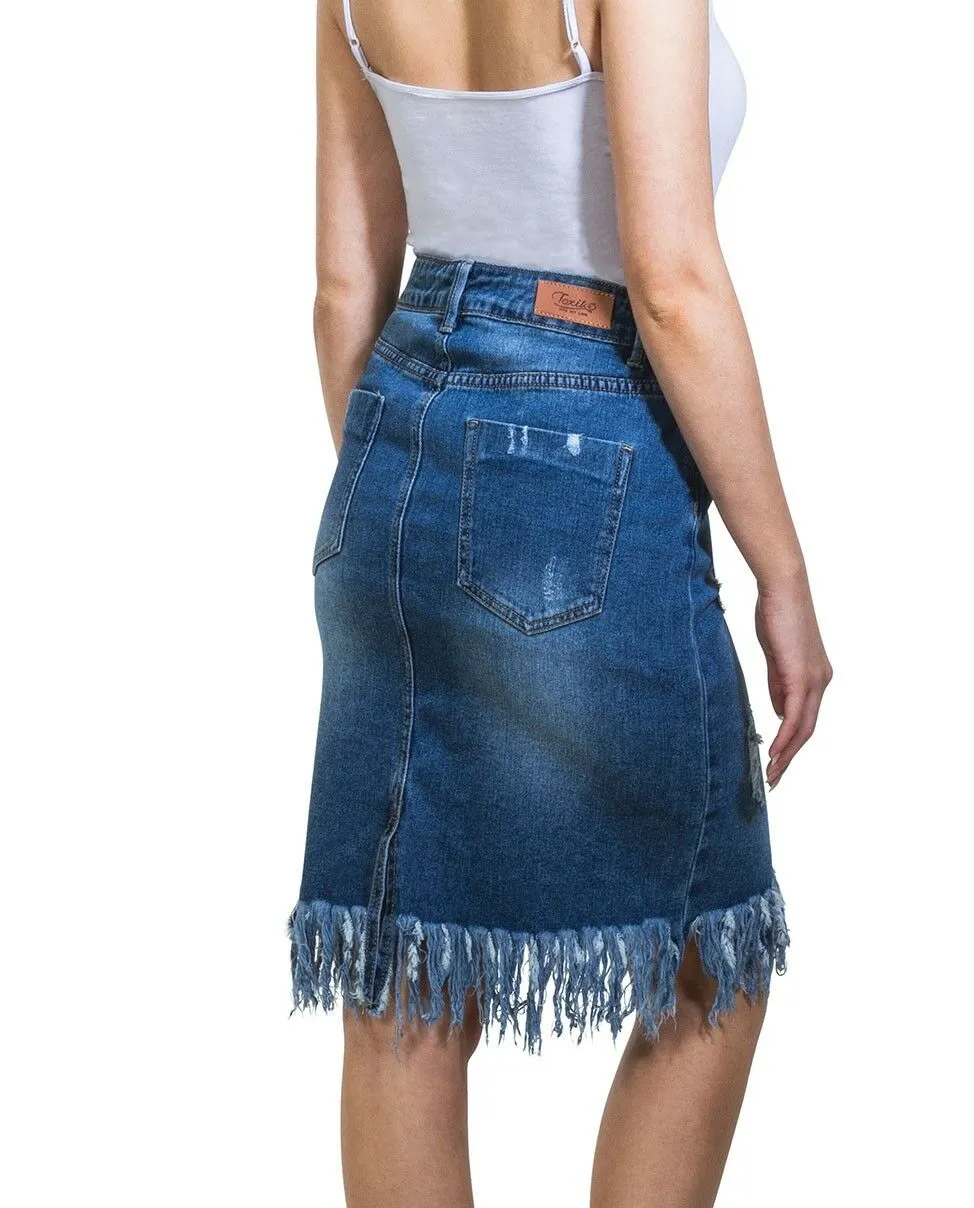 Distressed denim knee-length skirt - Size 8