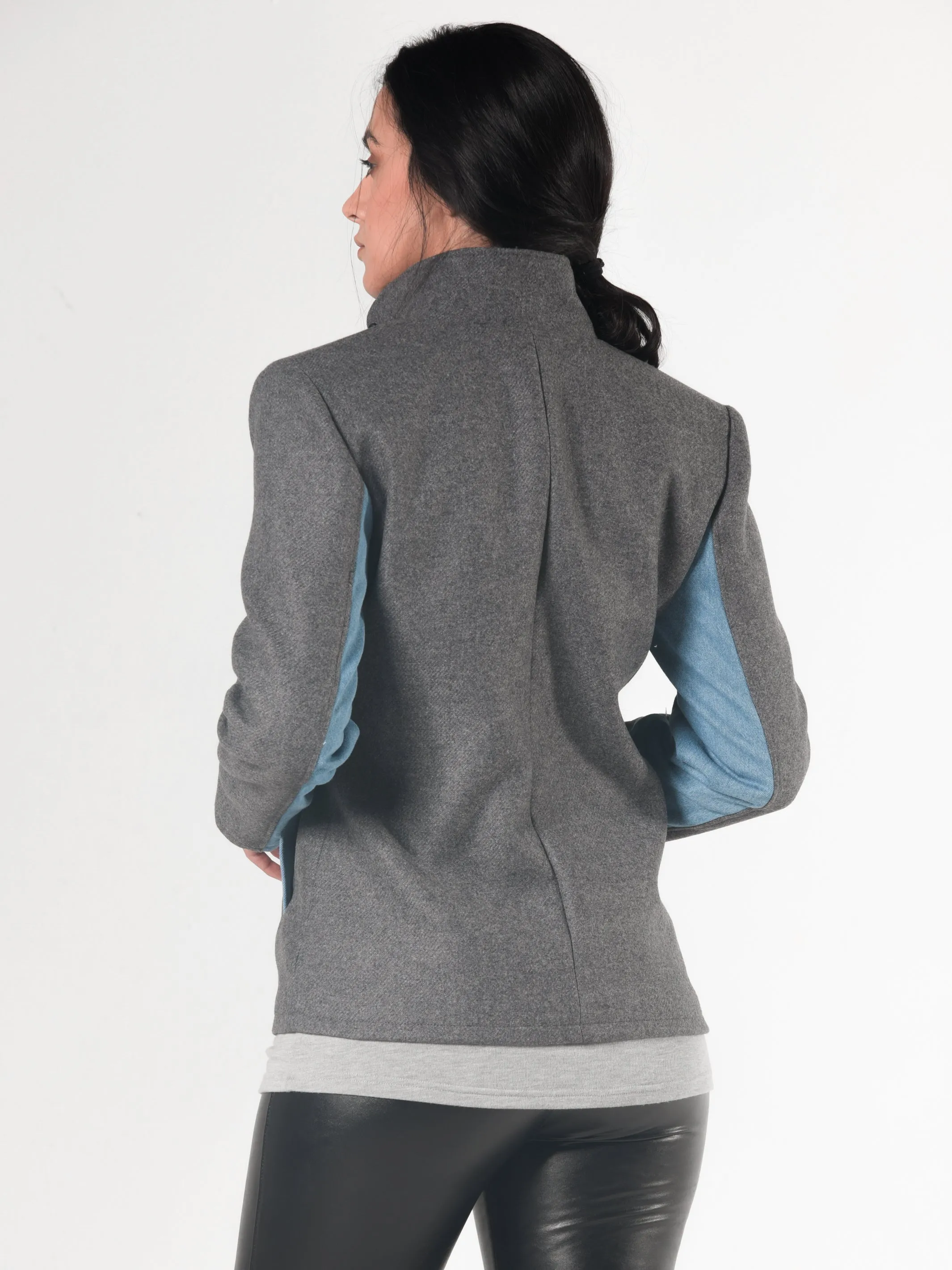 Double-Breasted Short Jacket With Denim In Gray