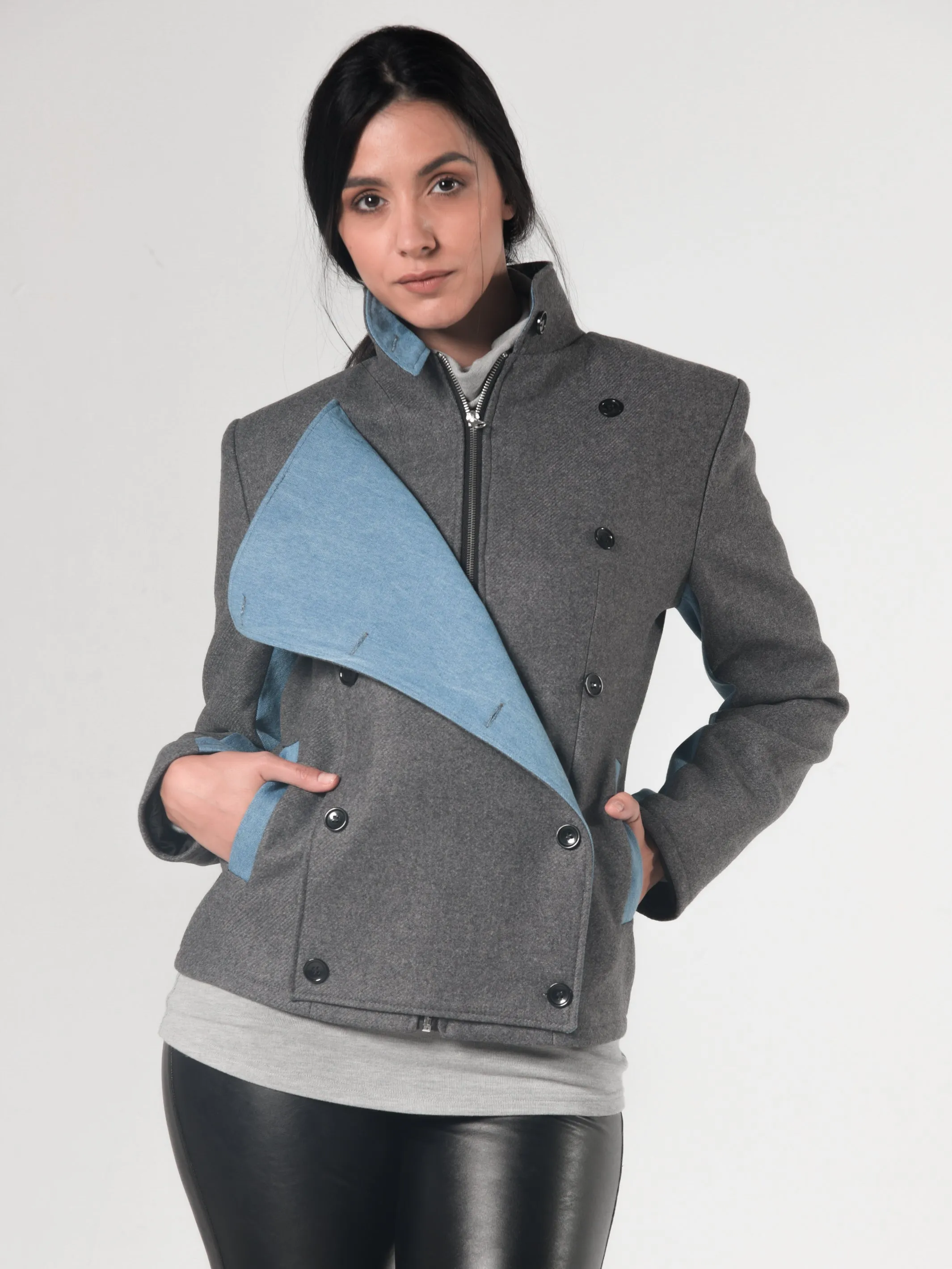 Double-Breasted Short Jacket With Denim In Gray