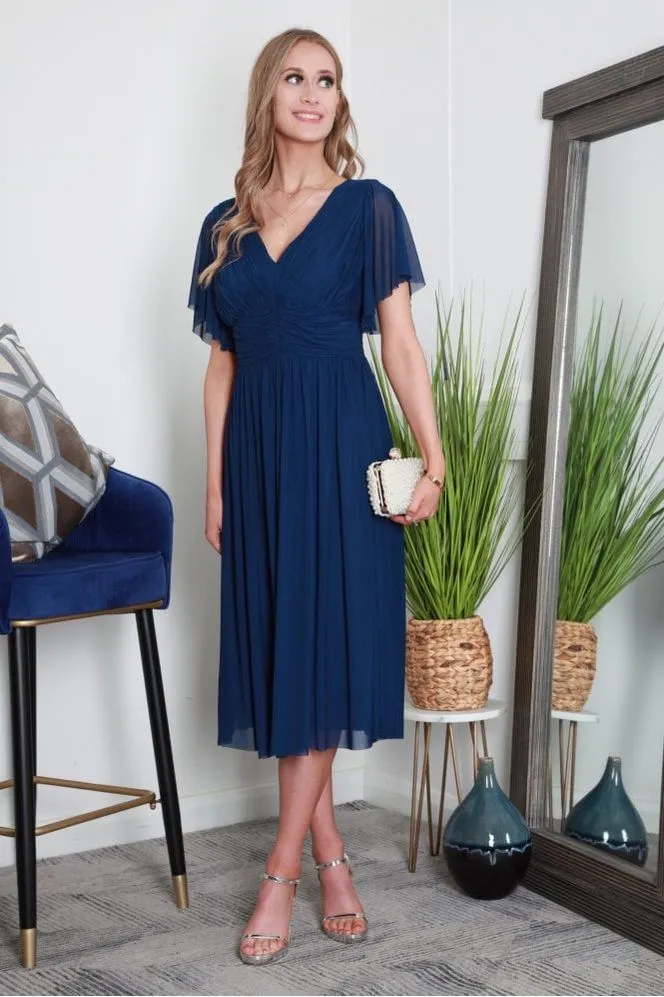 Double Second Pleated Tulle V Neck Angel Sleeve Midi Dress