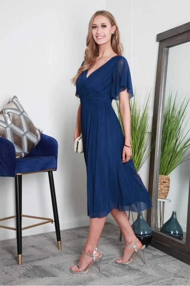 Double Second Pleated Tulle V Neck Angel Sleeve Midi Dress