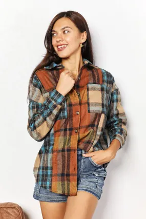 Double Take Plaid Curved Hem Shacket