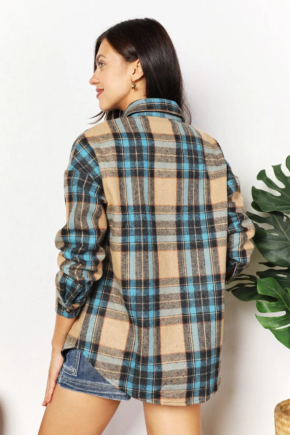 Double Take Plaid Curved Hem Shacket