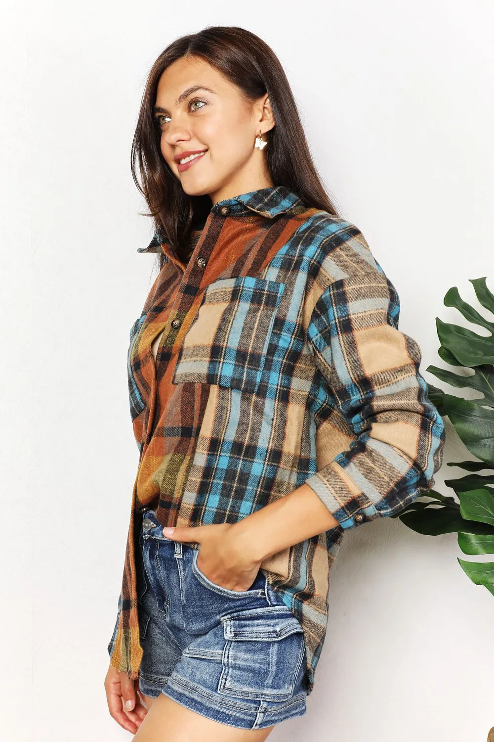 Double Take Plaid Curved Hem Shacket