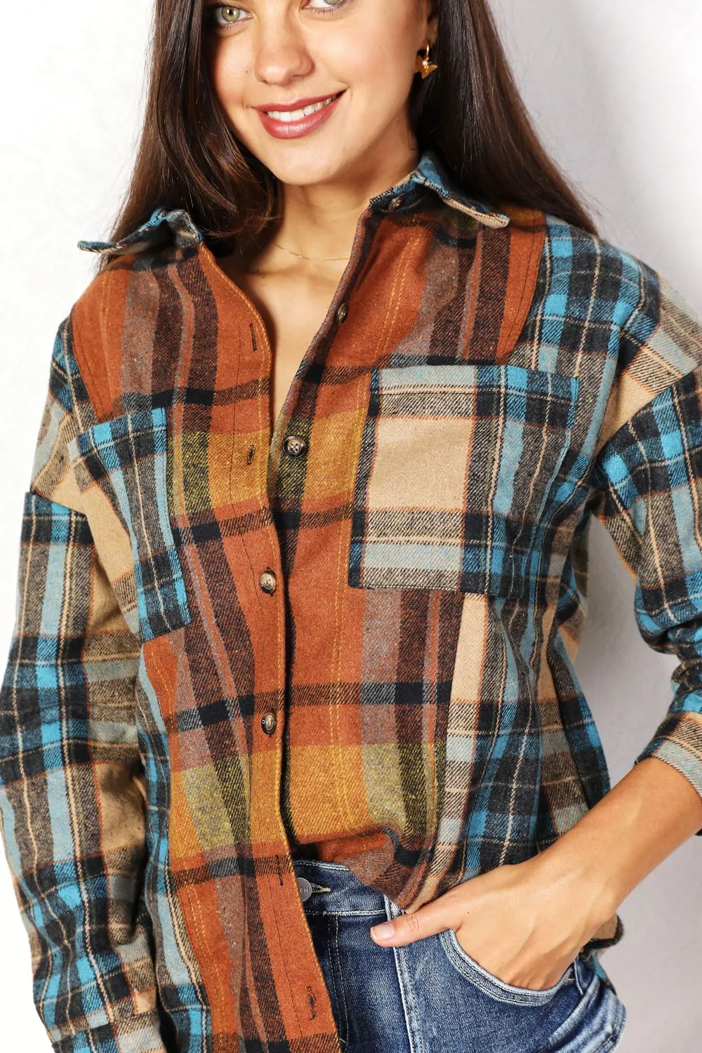 Double Take Plaid Curved Hem Shacket