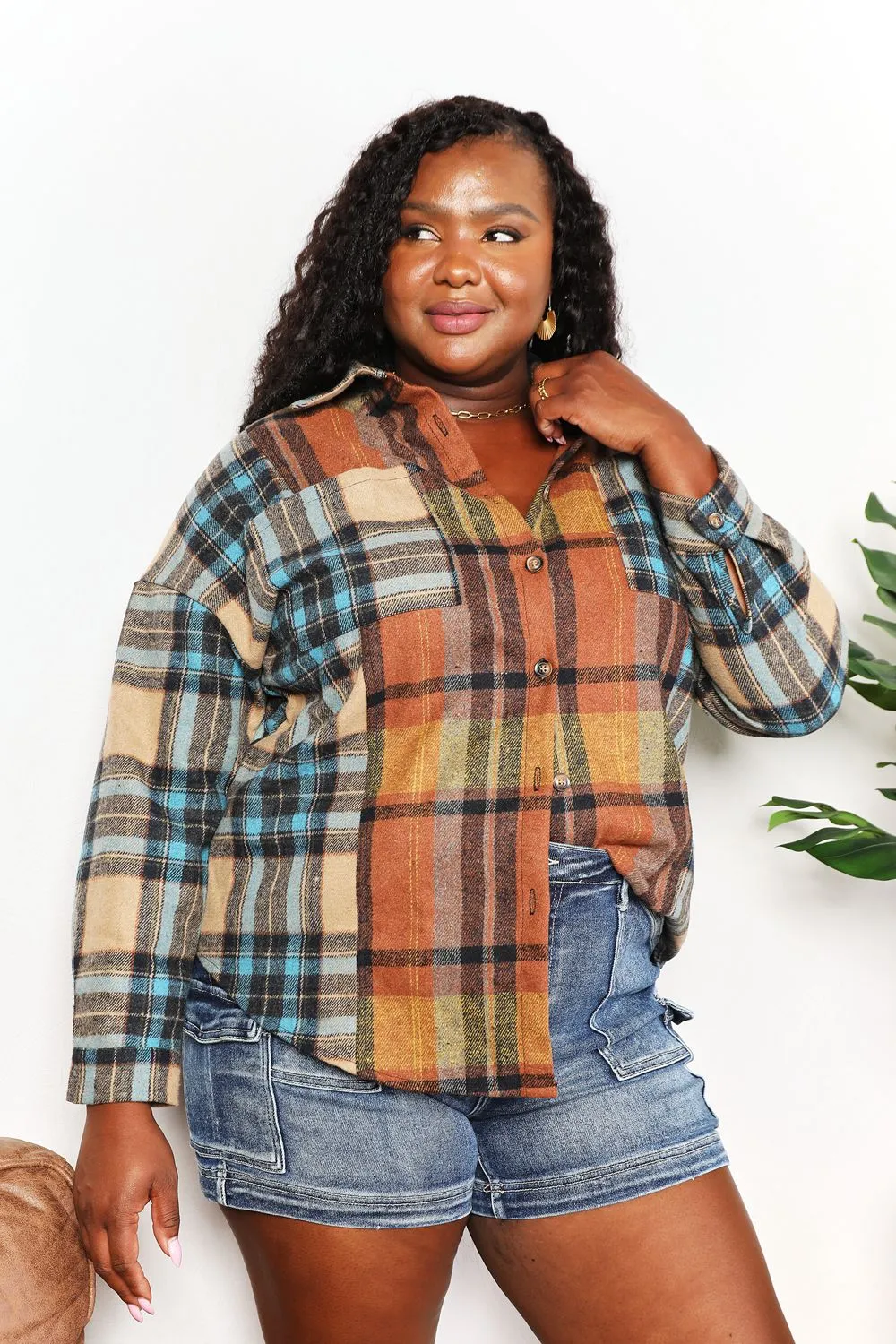 Double Take Plaid Curved Hem Shacket