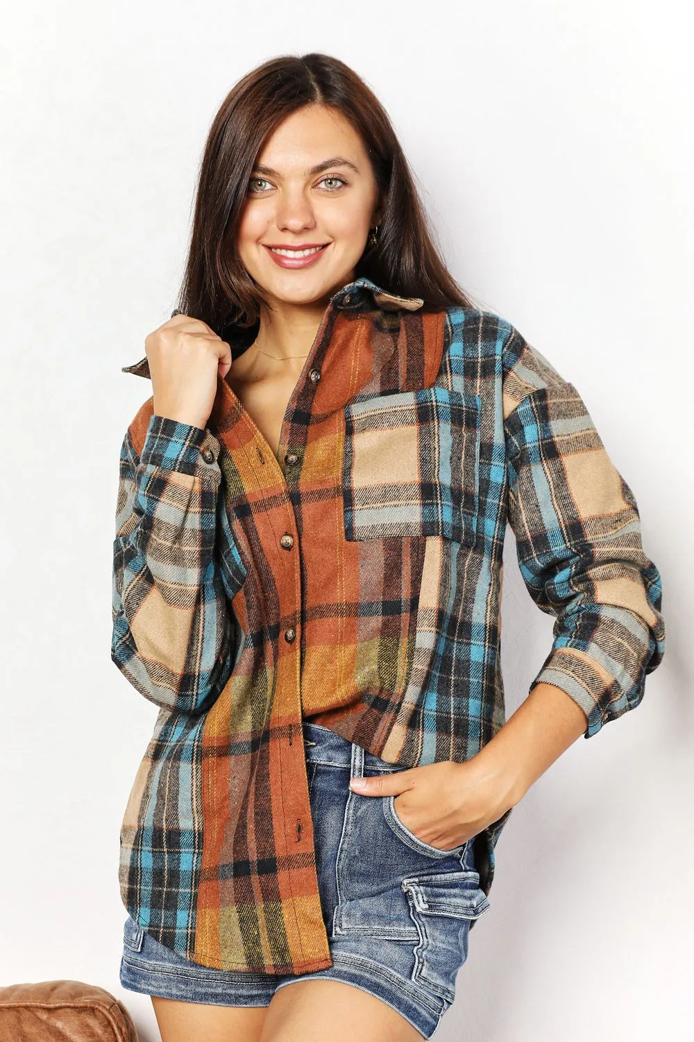 Double Take Plaid Curved Hem Shacket