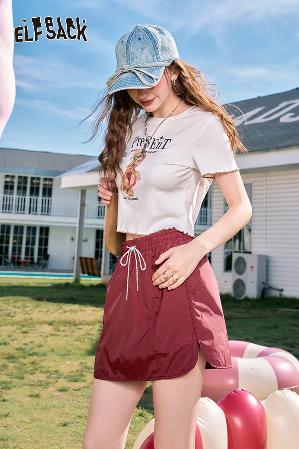 ELFSACK 2024 summer new arrival A-line casual workwear pleated side slit design skirt for women