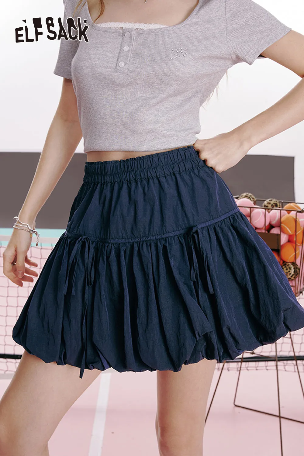 ELFSACK 2024 summer new arrival Dark blue a-line bow bud pleated sweet slim cake skirt for women