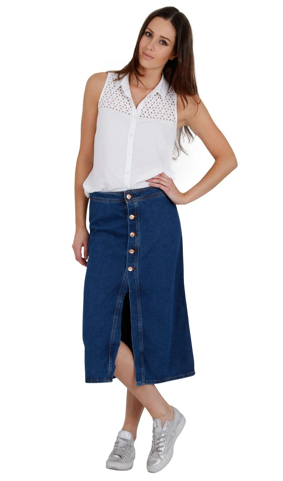 ERIN Button Front Midi Skirt - Midwash Denim