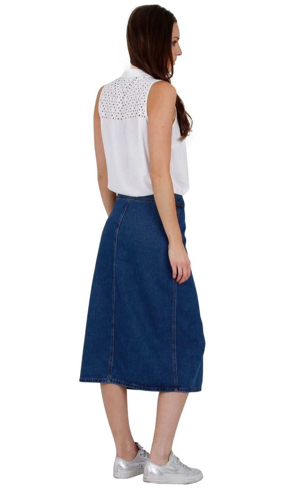 ERIN Button Front Midi Skirt - Midwash Denim